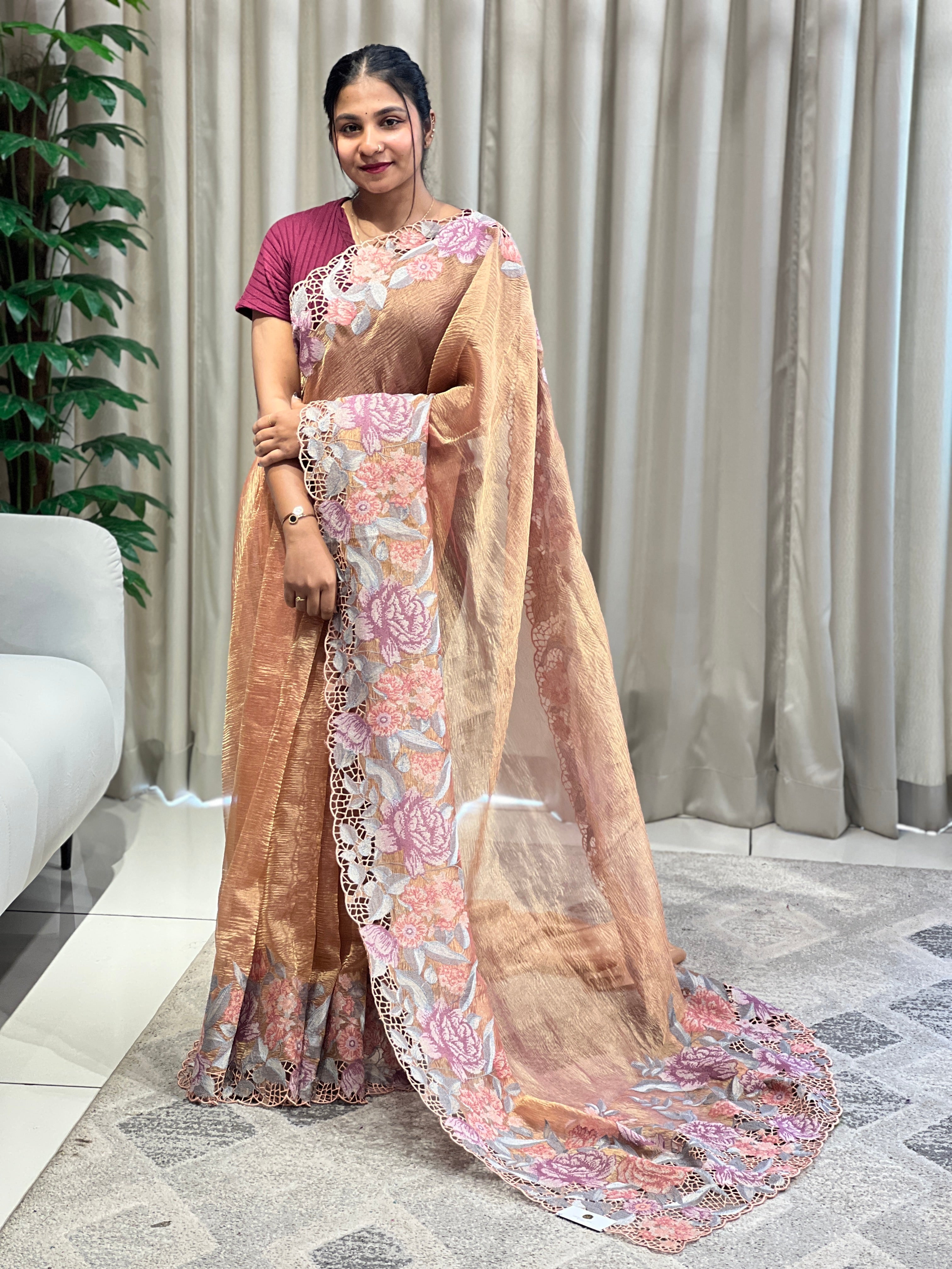 Floral Cross Stitch Embroidery Crushed Shimmer Organza Saree | RGD999R