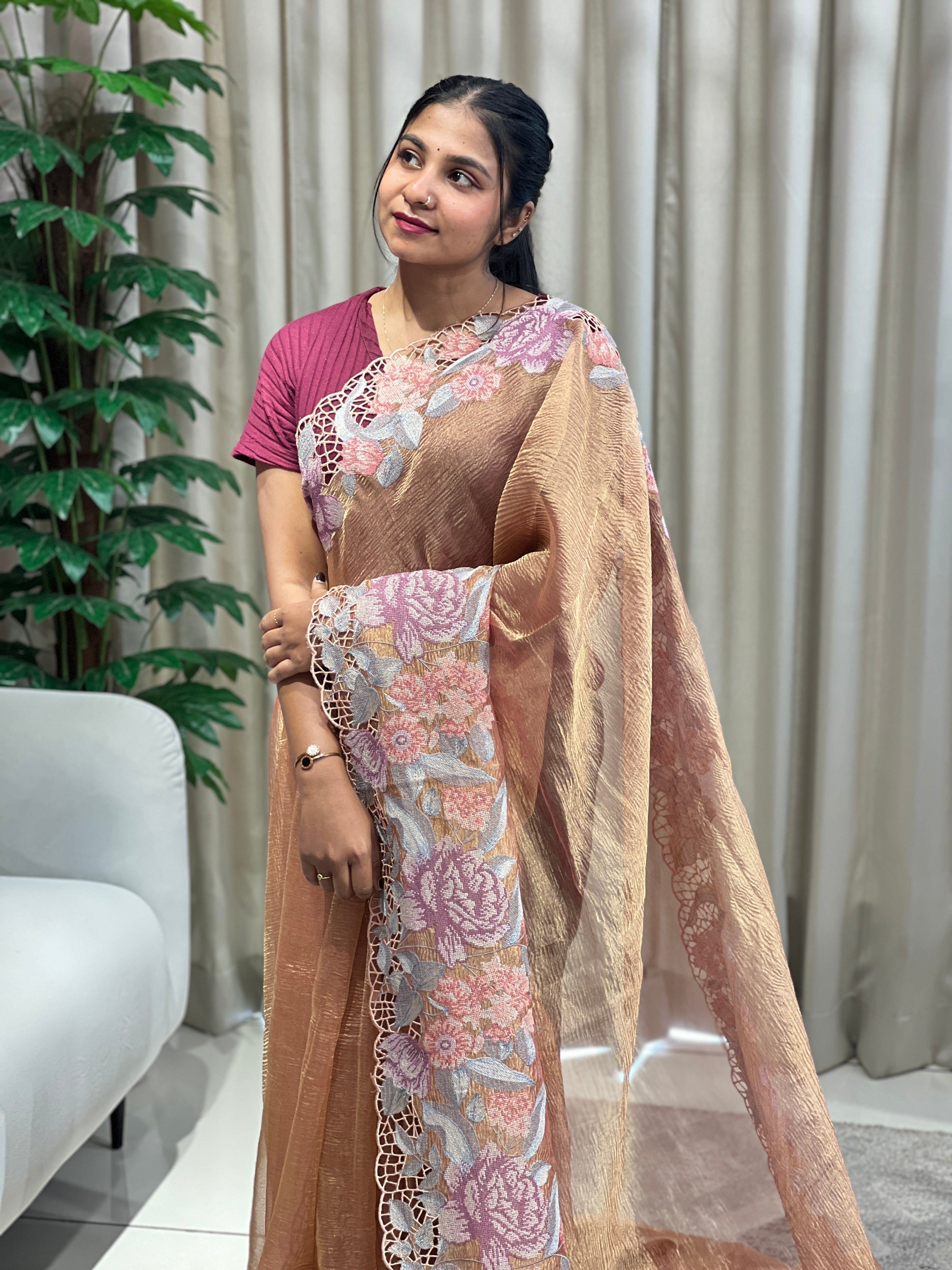 Floral Cross Stitch Embroidery Crushed Shimmer Organza Saree | RGD999R