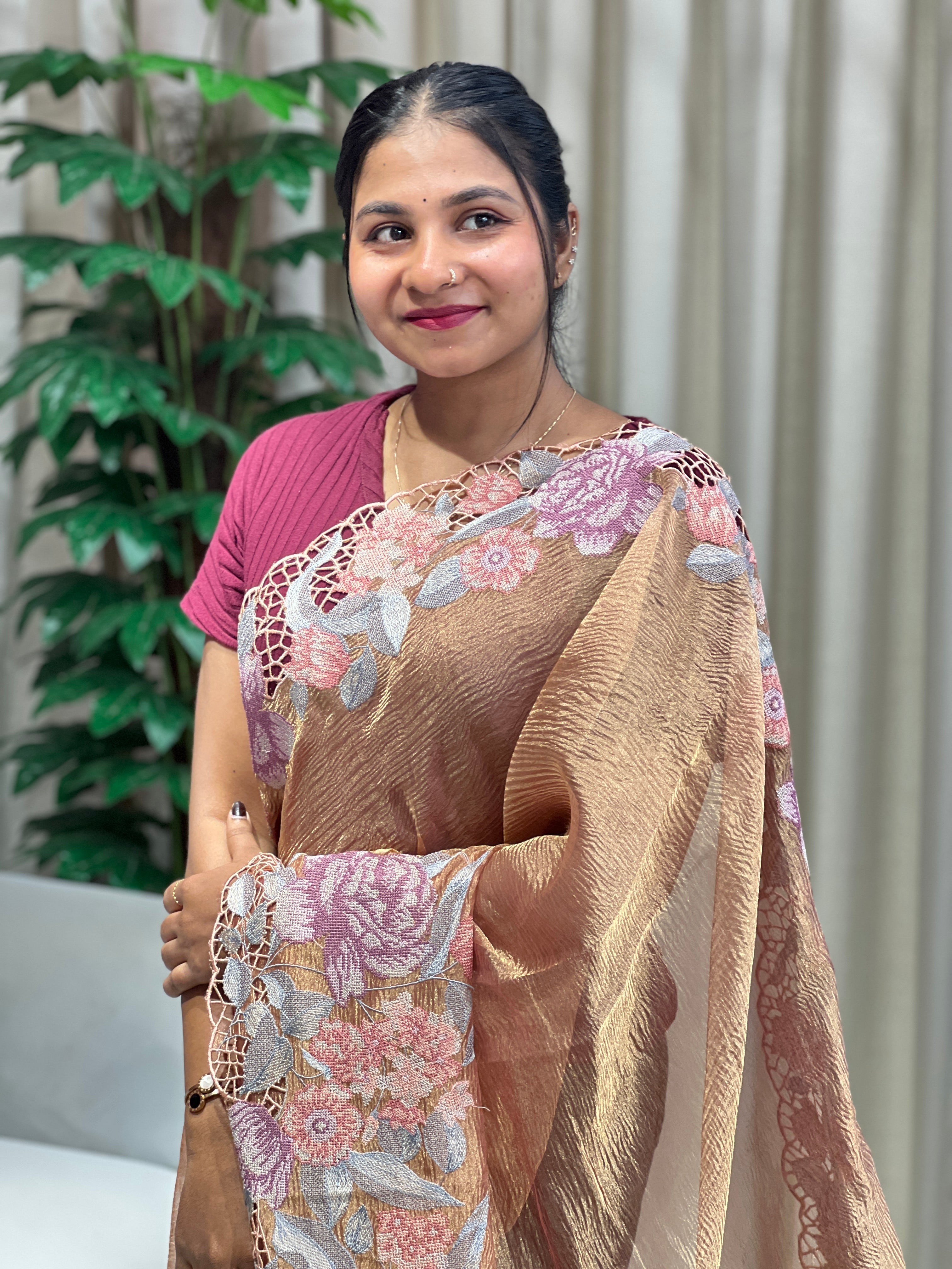 Floral Cross Stitch Embroidery Crushed Shimmer Organza Saree | RGD999R