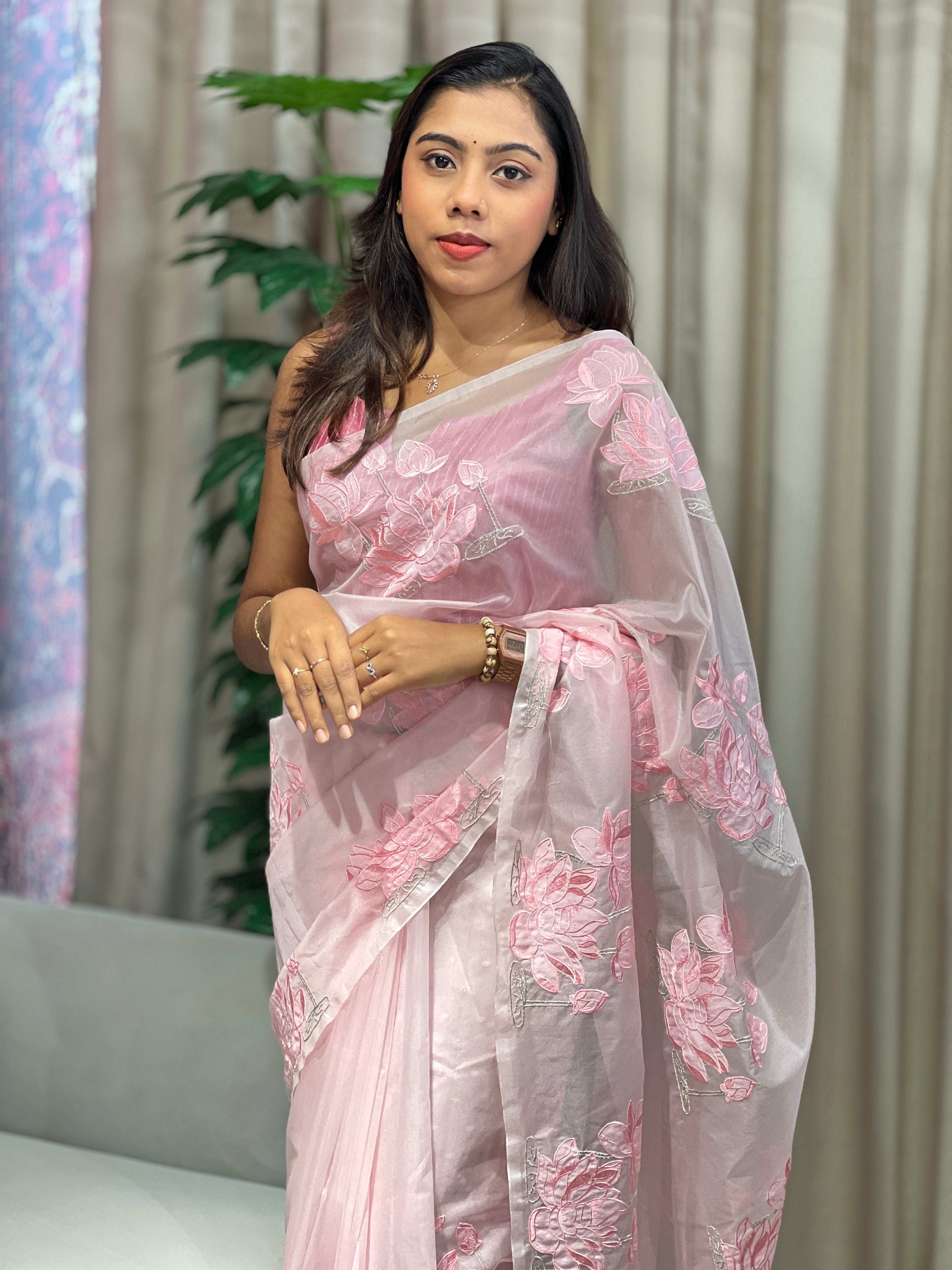 Floral Applique Patterned Organza Saree | MM269