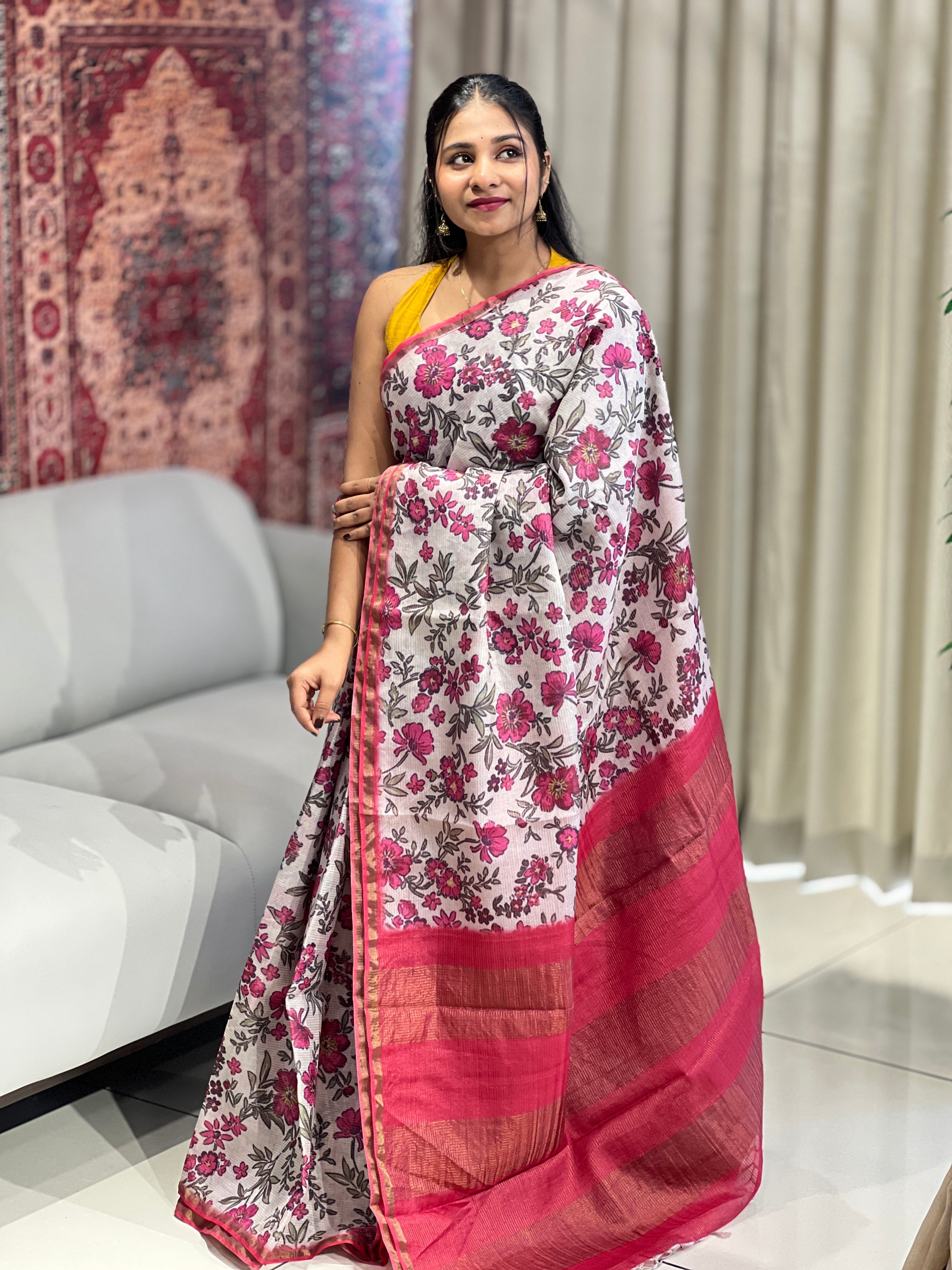 Floral Print With Zari Detailed Tussar Saree | HS1282