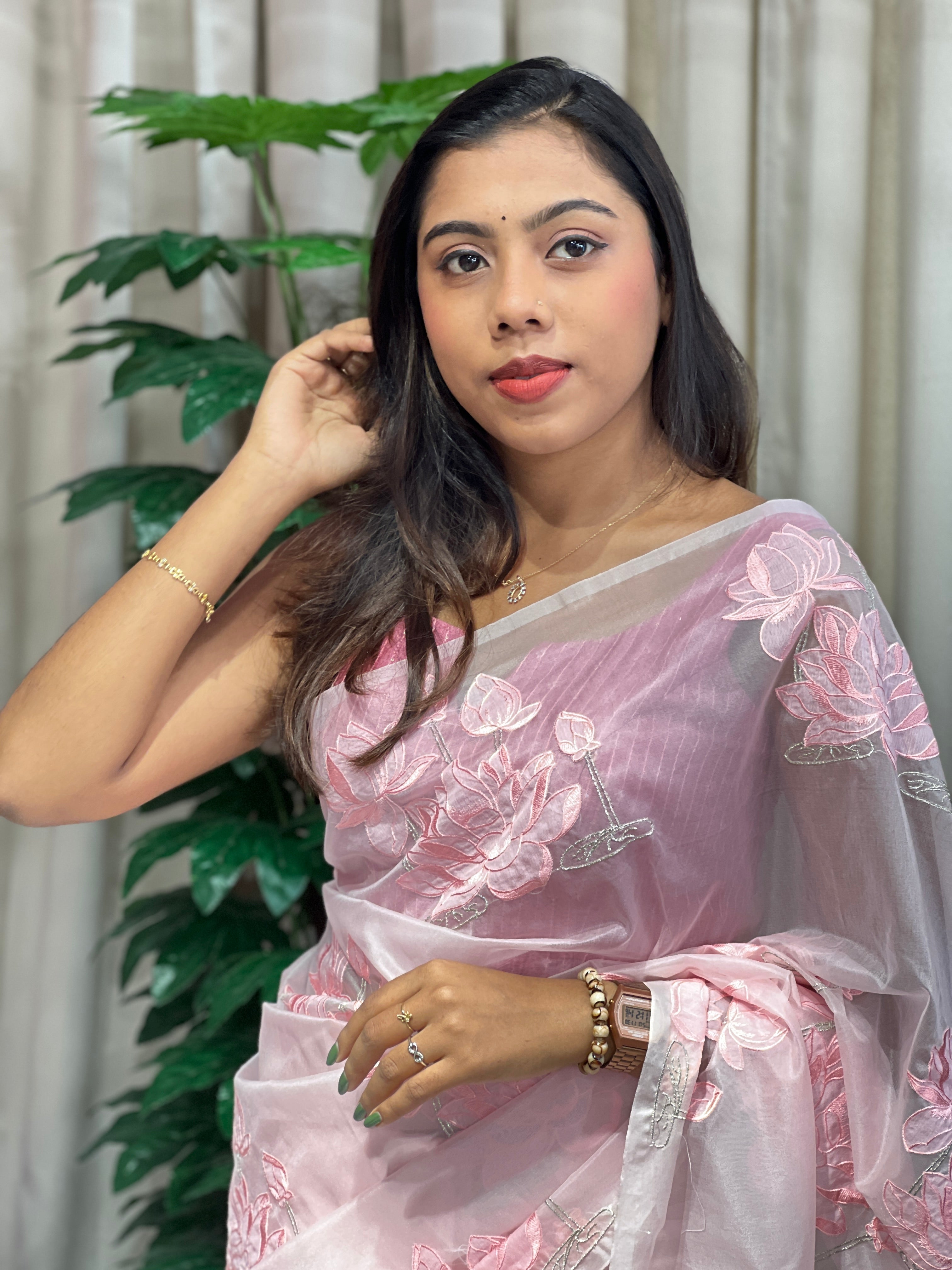 Floral Applique Patterned Organza Saree | MM269