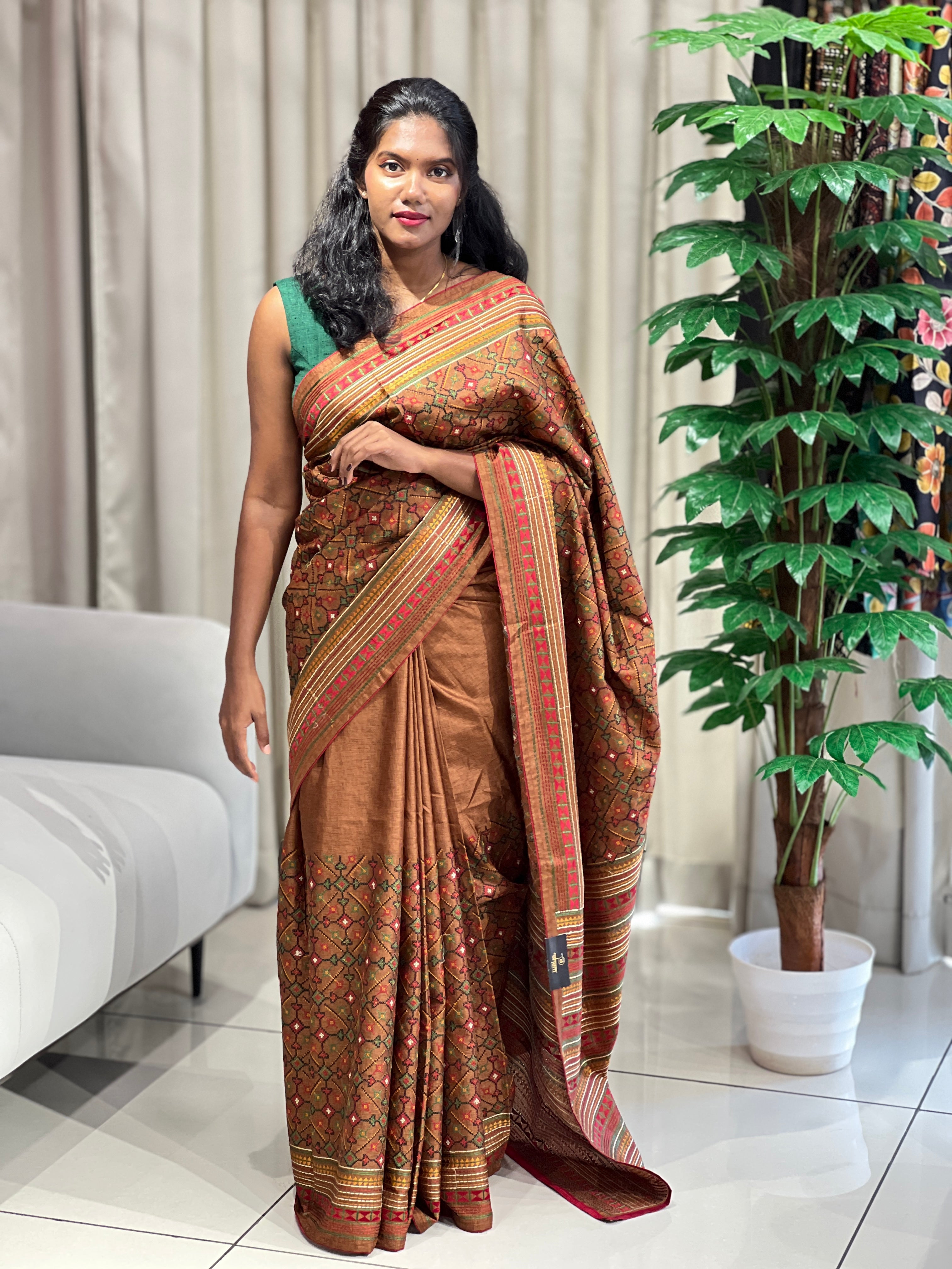 Multi-Colour Thread Embroidery Detailed Tussar Finish Saree | SUN499