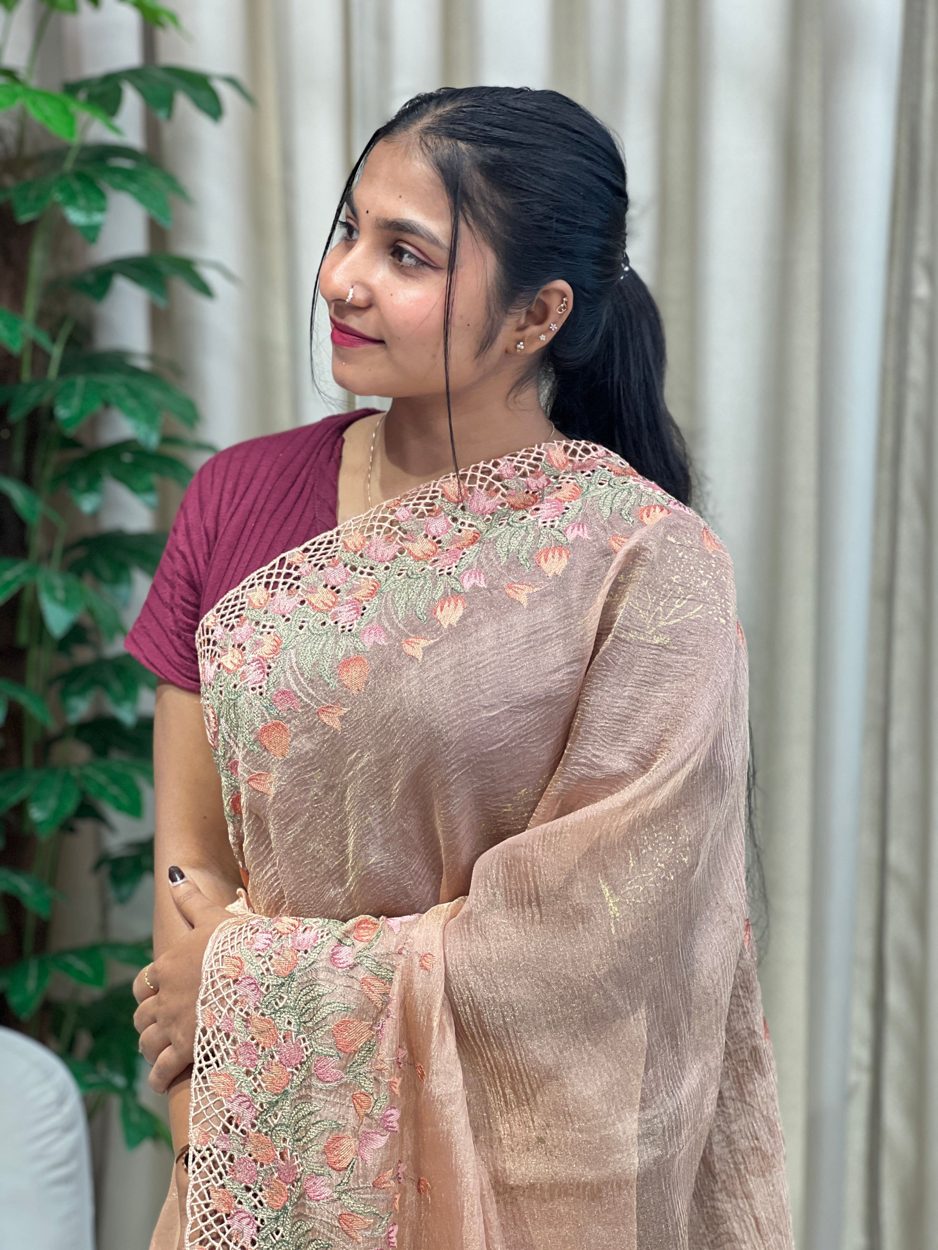 Cutwork Detailed Crushed Shimmer Organza Saree | RGD982R