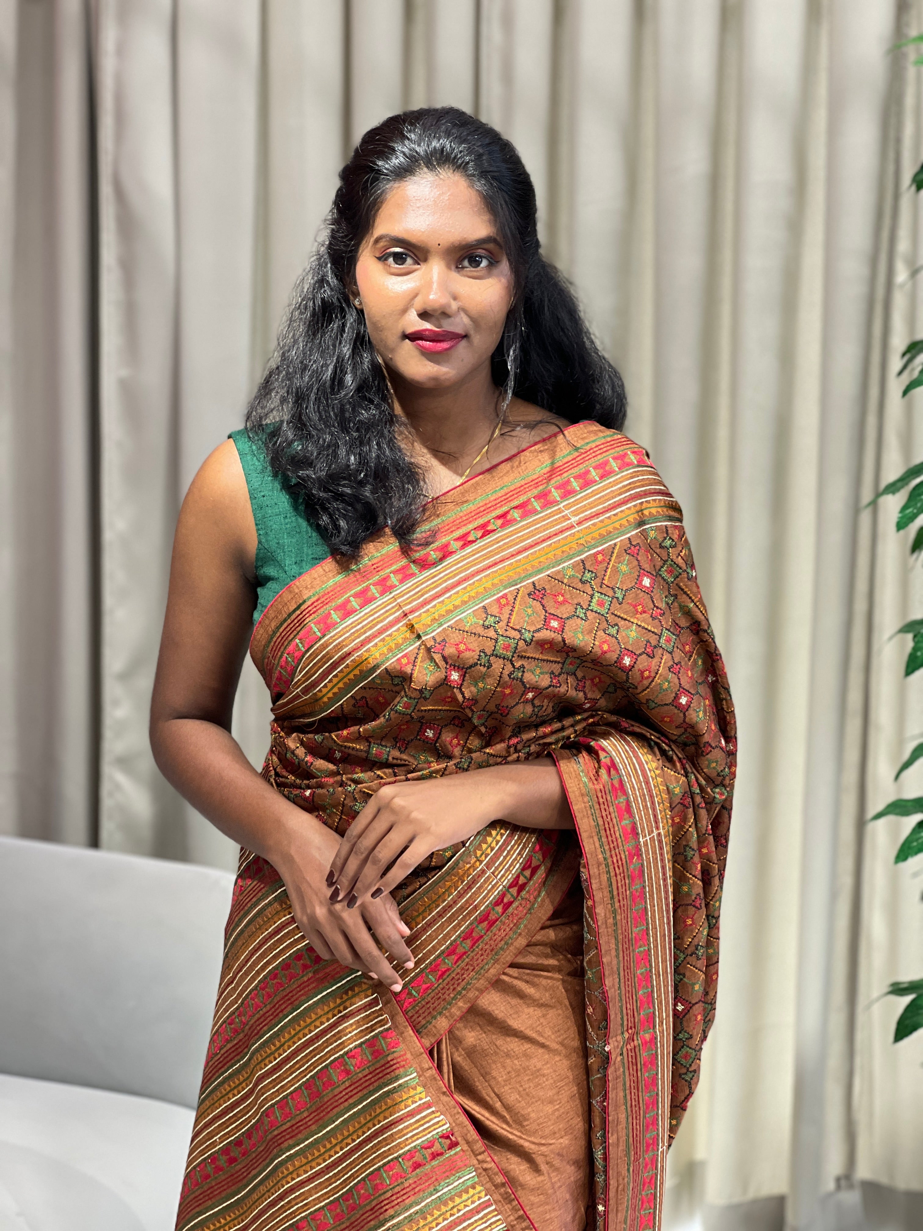 Multi-Colour Thread Embroidery Detailed Tussar Finish Saree | SUN499