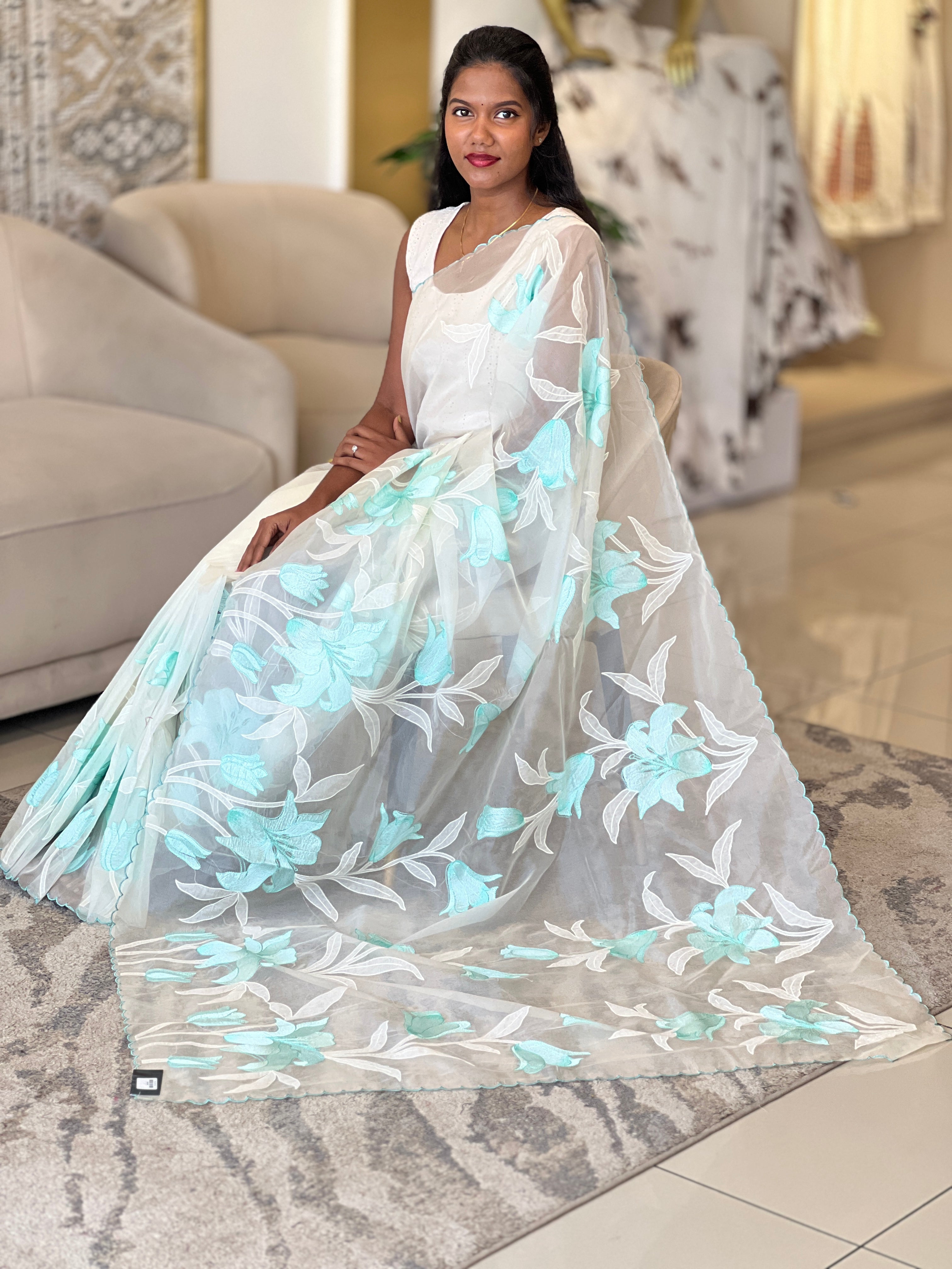 Applique Work & Embroidery Detailed Organza Saree | MM158