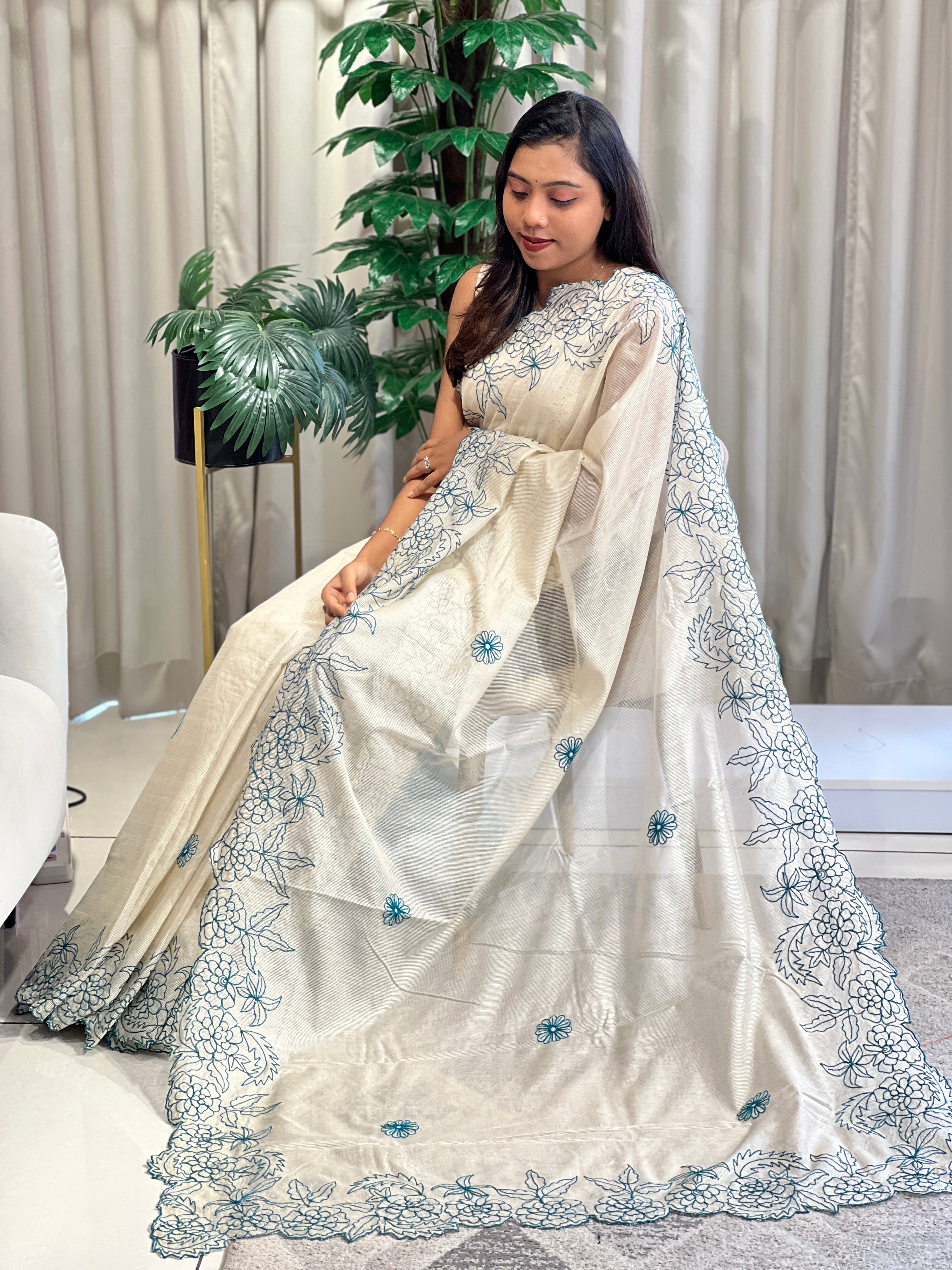 Embroidered Floral Border Design Supernet Kota | SS1486