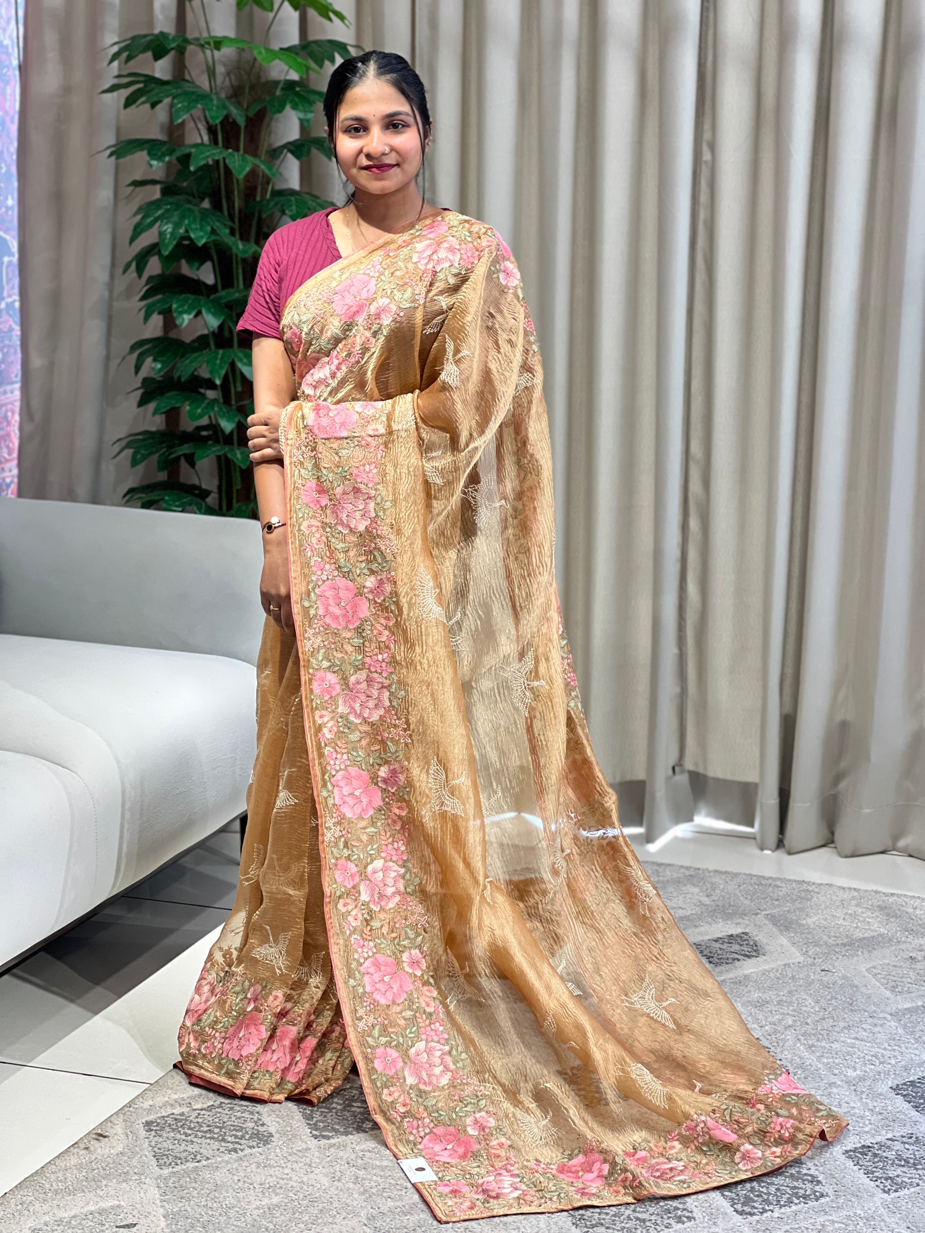 Floral Cross Stitch Embroidery Crushed Shimmer Organza Saree | RGD1001R