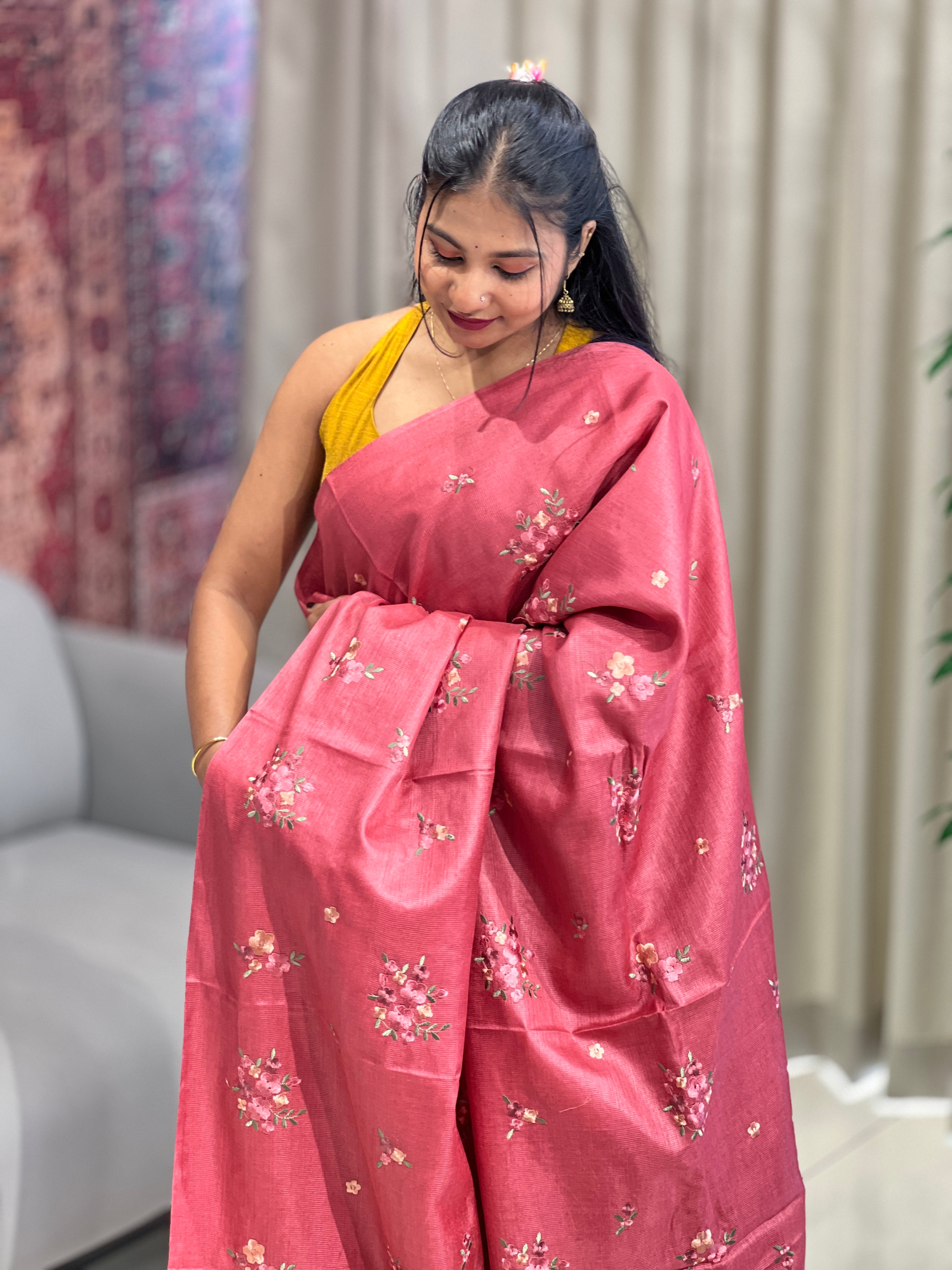 Floral Embroidery Detailed Tussar Saree | HS1301