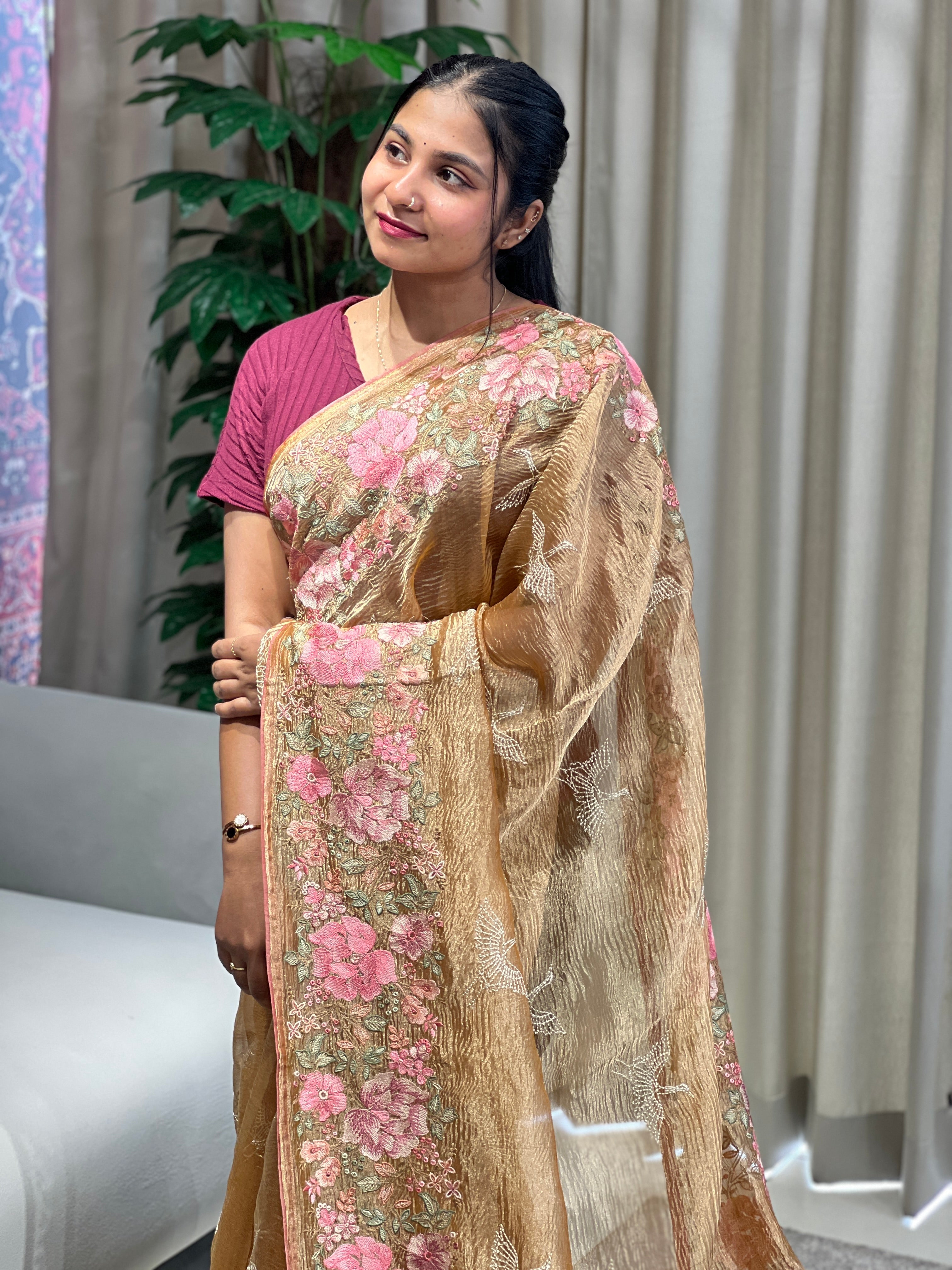 Floral Cross Stitch Embroidery Crushed Shimmer Organza Saree | RGD1001R