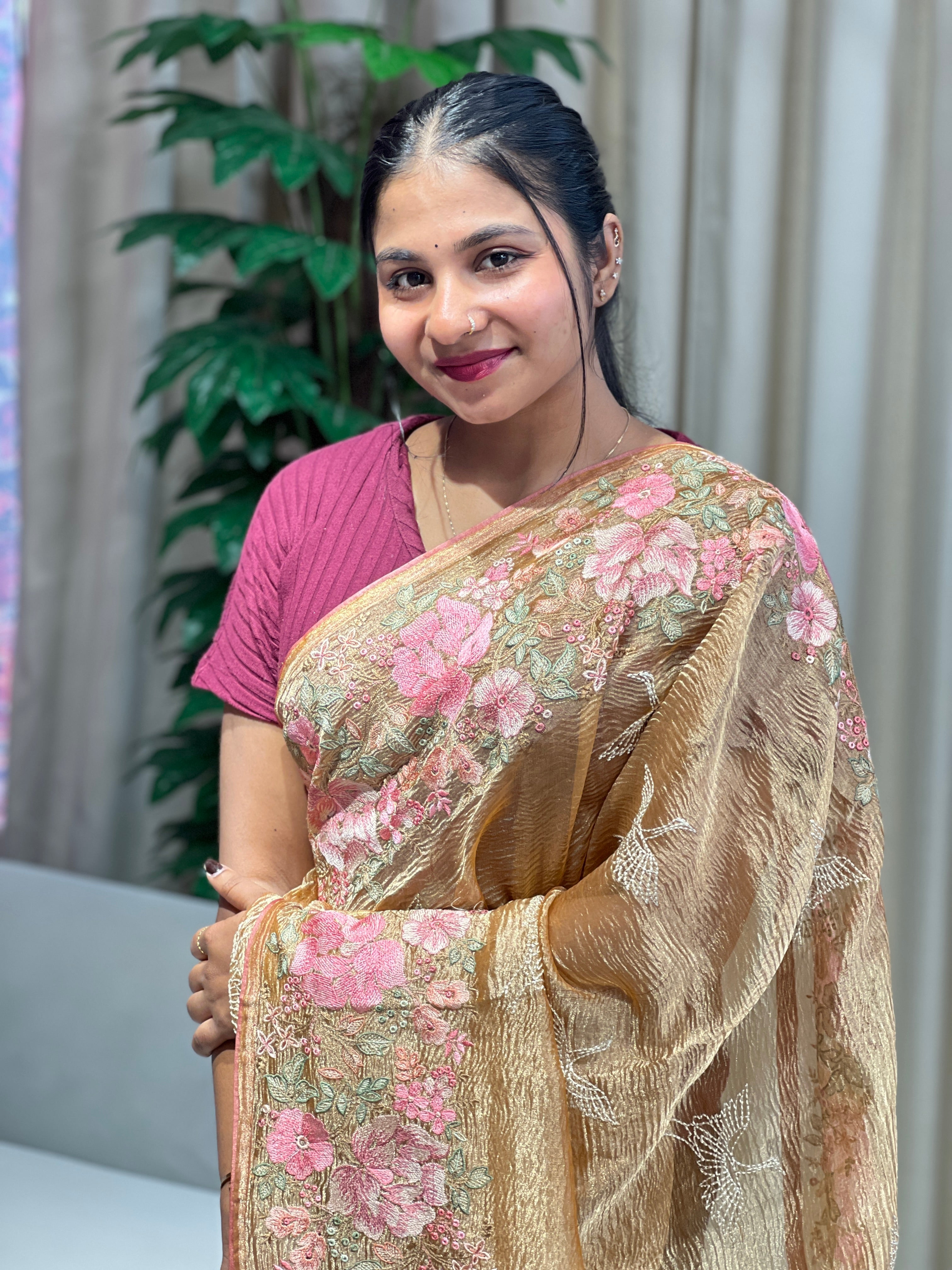 Floral Cross Stitch Embroidery Crushed Shimmer Organza Saree | RGD1001R