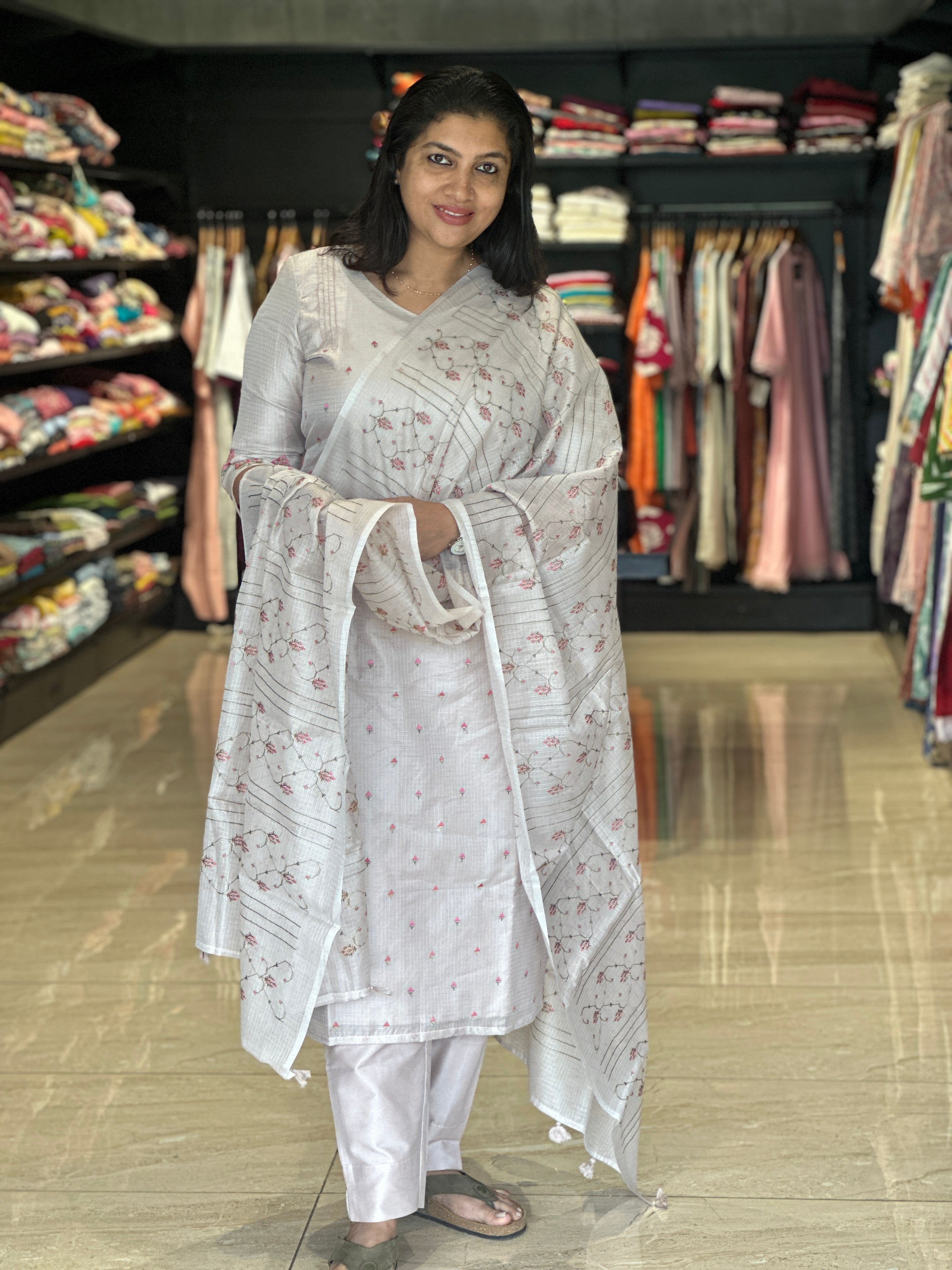 Floral Embroidered Silky Kota Unstitched Salwar Set | MR357