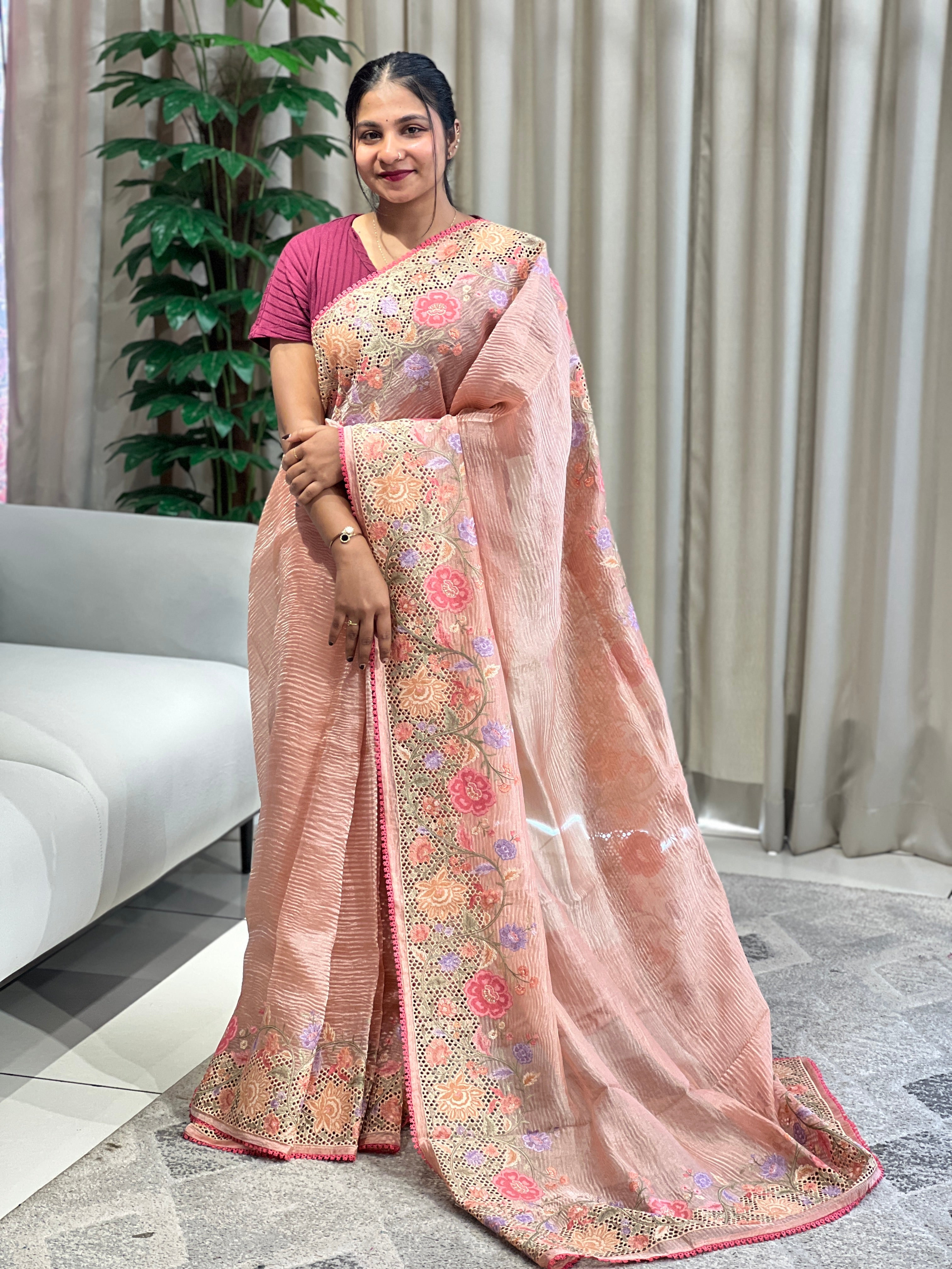 Floral Cutwork Embroidery Crushed Tissue Organza Saree | RGD981R