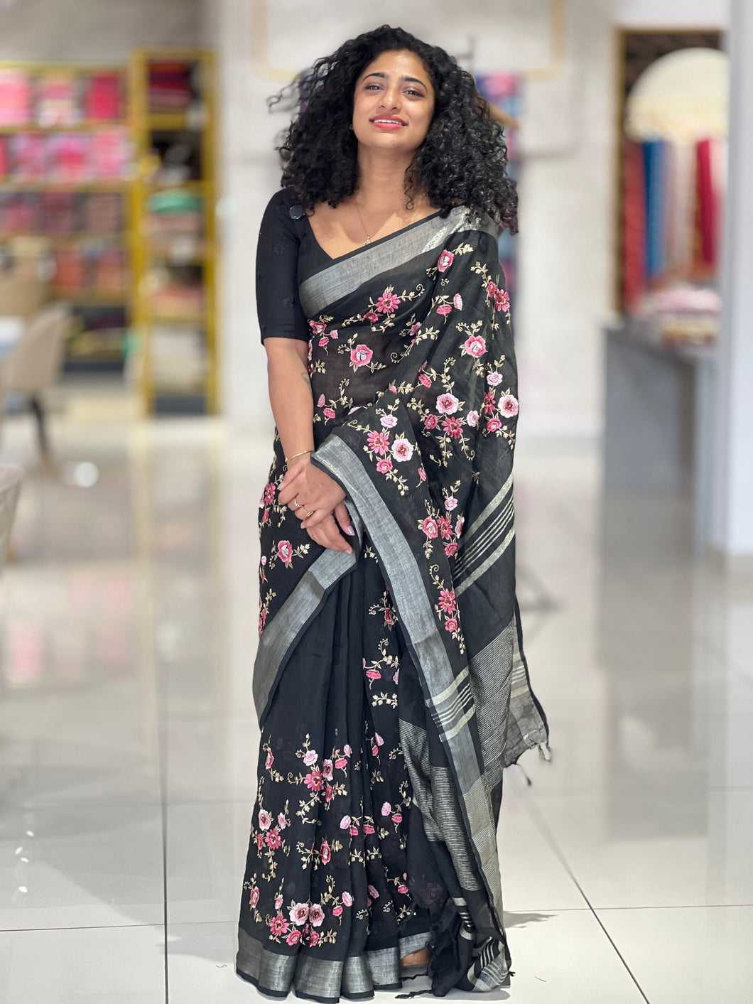 Computerized Floral Embroidery Linen Saree | JCL883