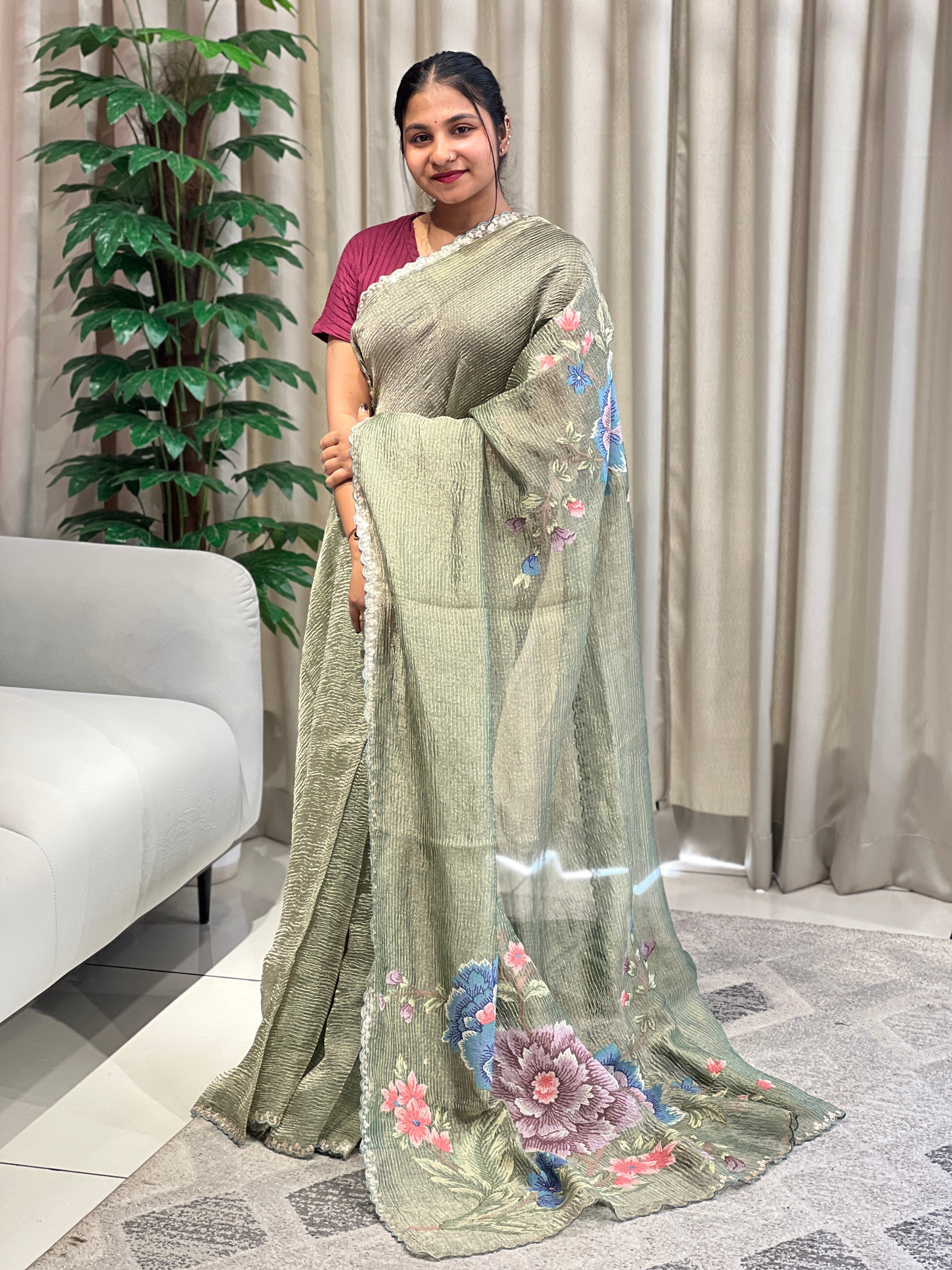 Floral Cross Stitch Embroidery Crushed Organza Saree | RGD978R