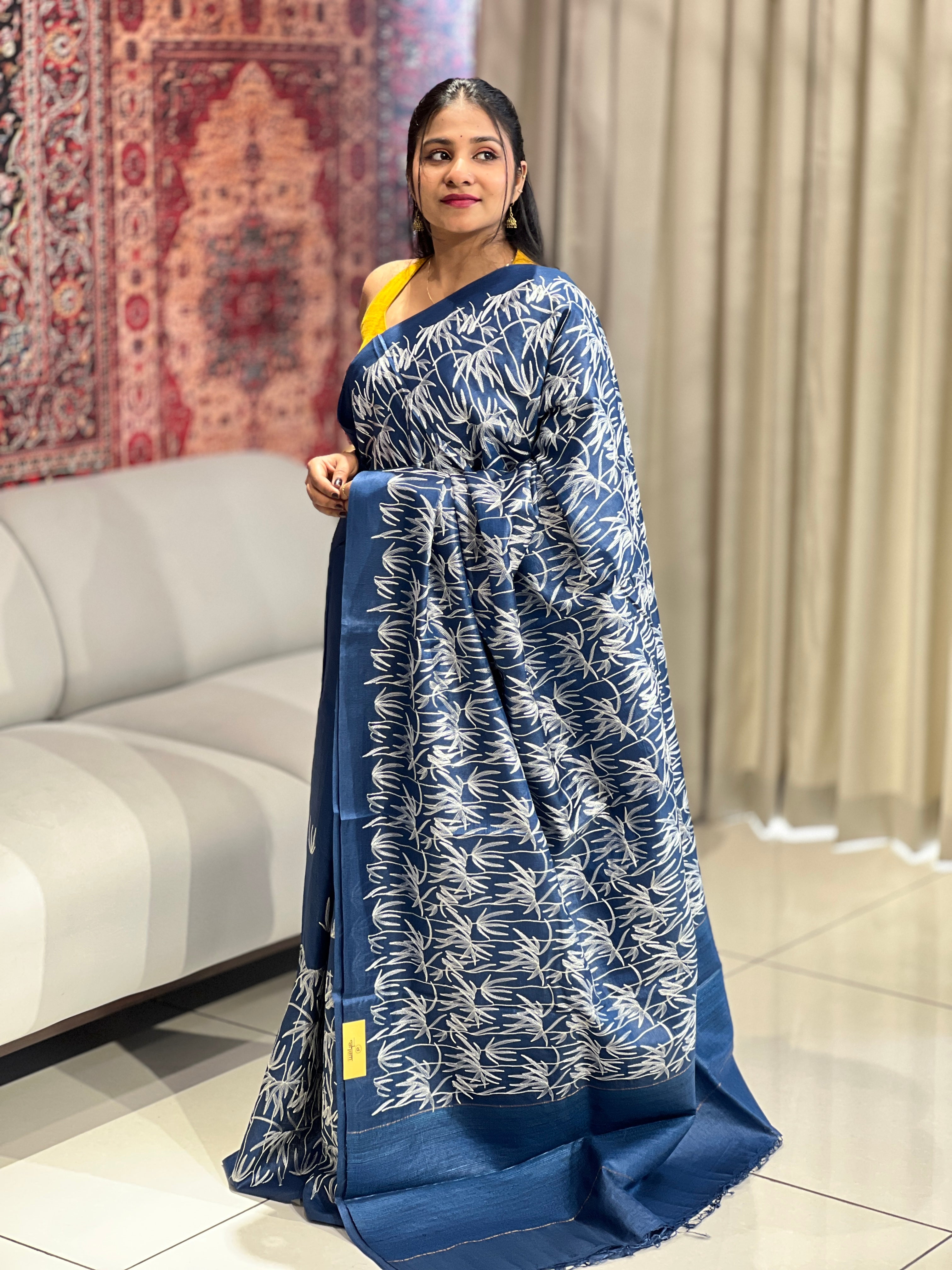Machine Embroidery Leaf Patterned Tussar Saree | HS1290