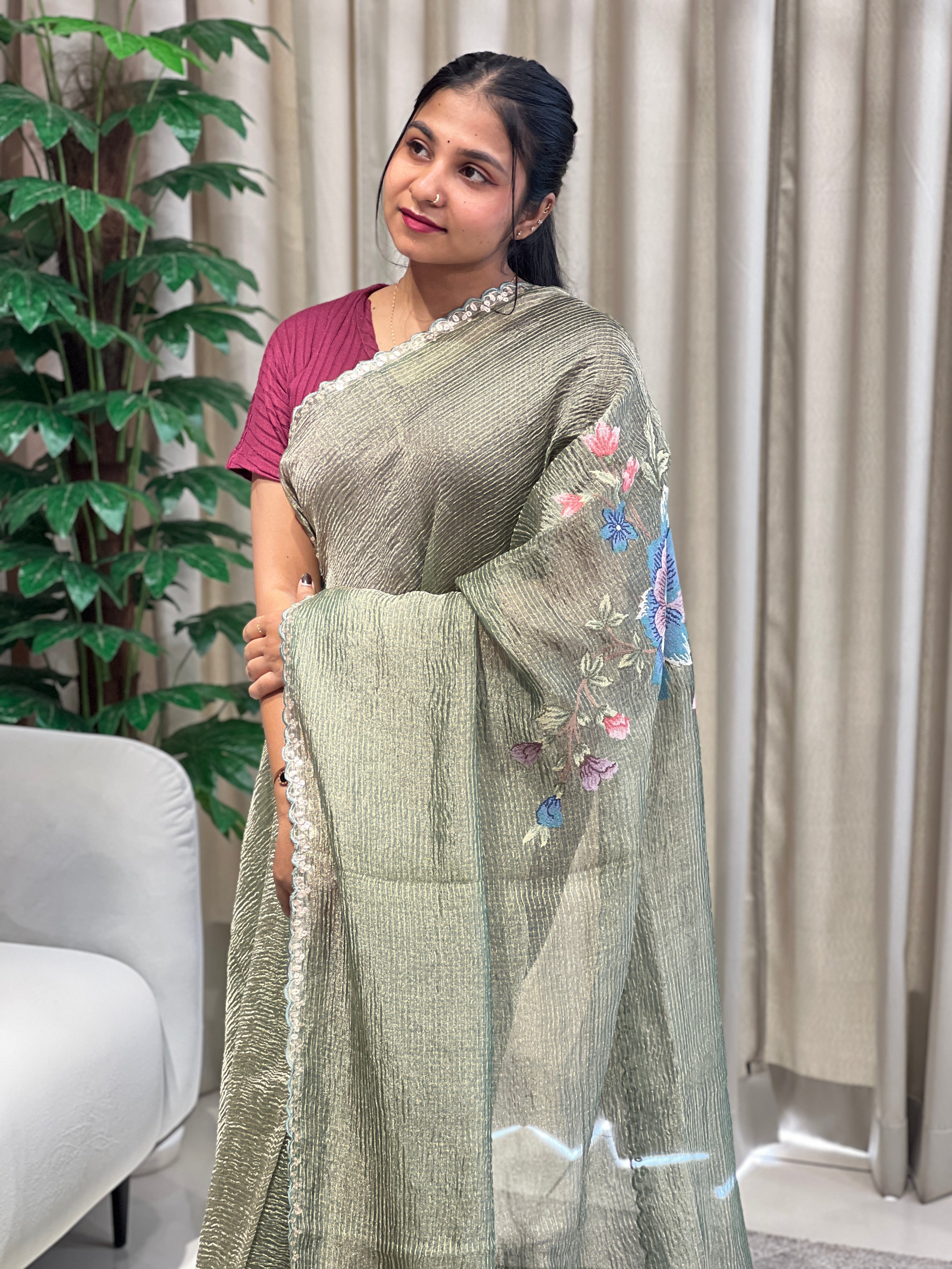 Floral Cross Stitch Embroidery Crushed Organza Saree | RGD978R