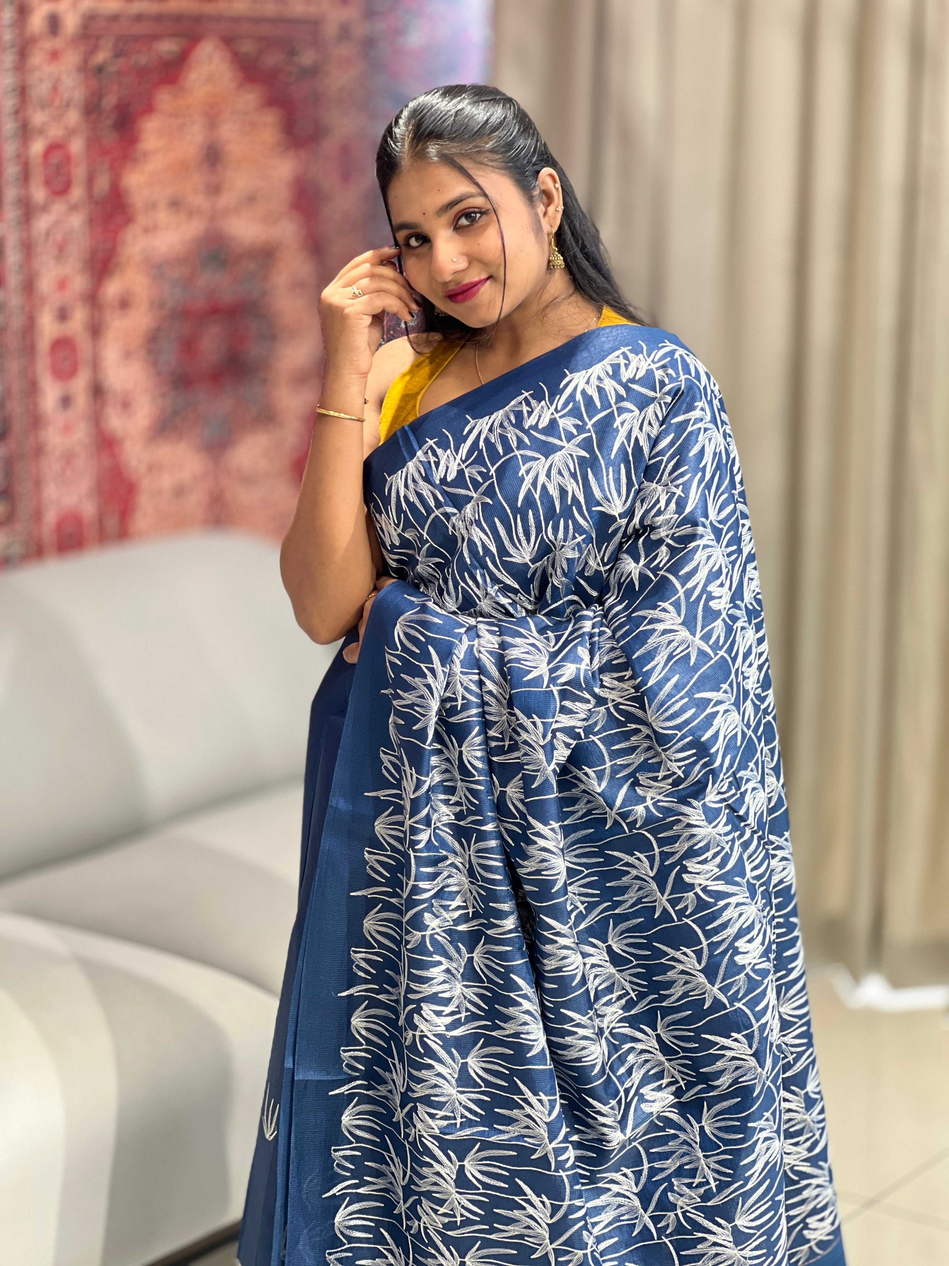 Machine Embroidery Leaf Patterned Tussar Saree | HS1290