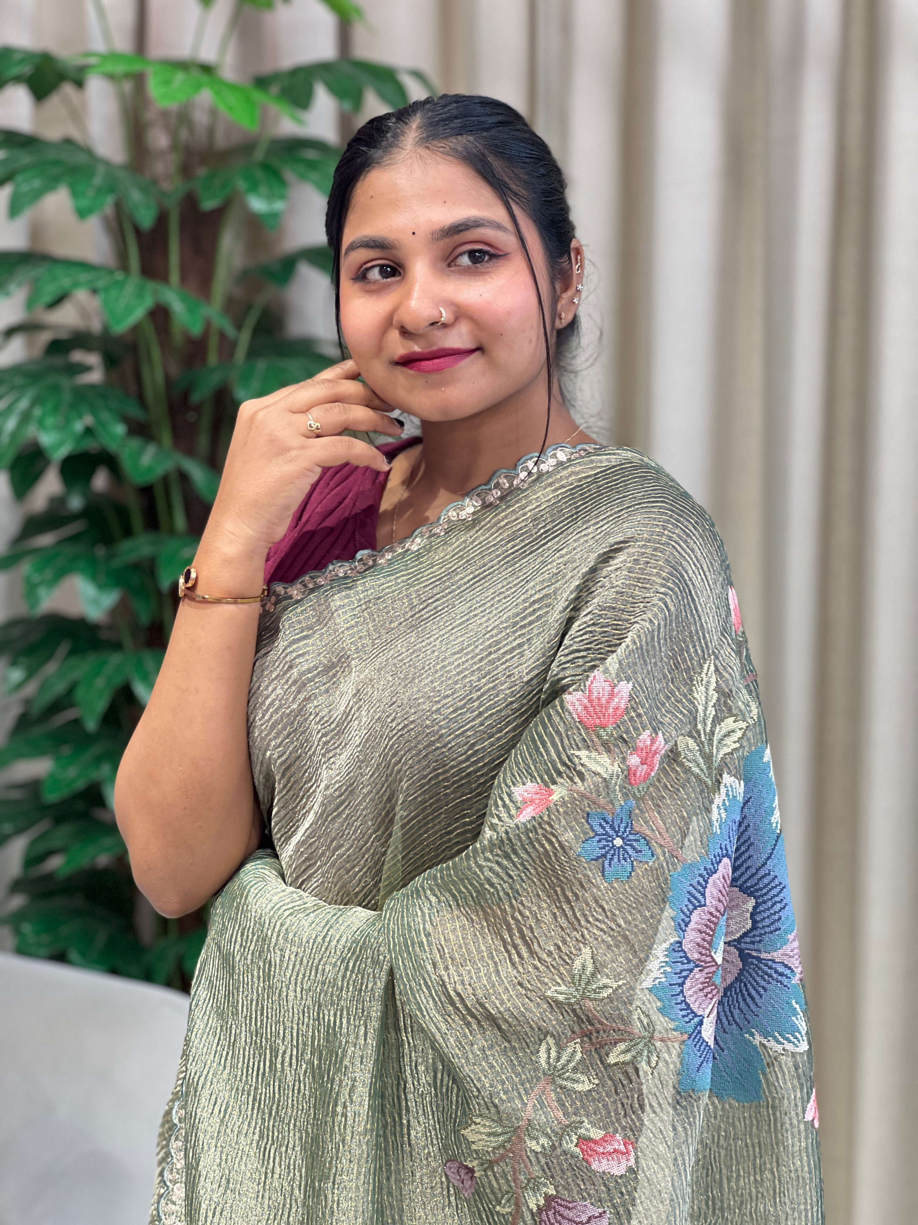 Floral Cross Stitch Embroidery Crushed Organza Saree | RGD978R