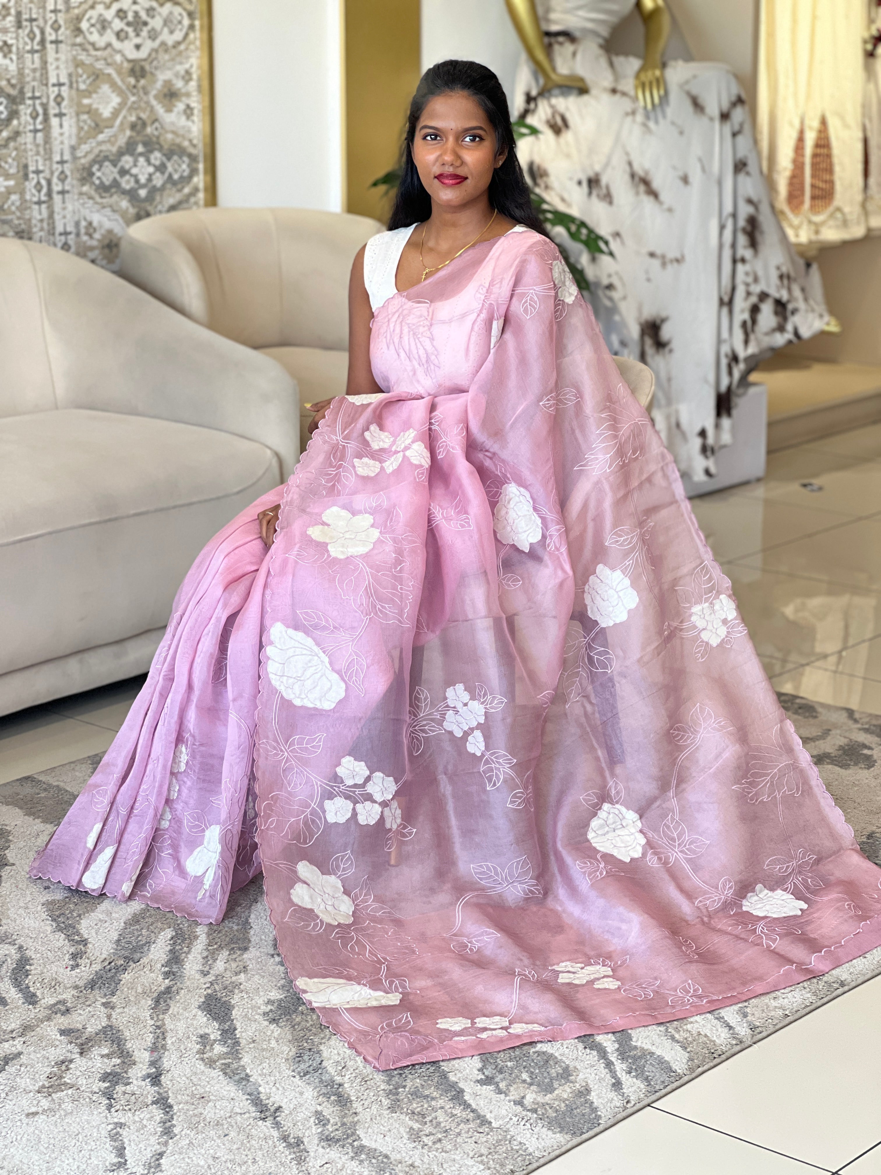 Floral Applique Detailed Pure Organza Saree | MM184