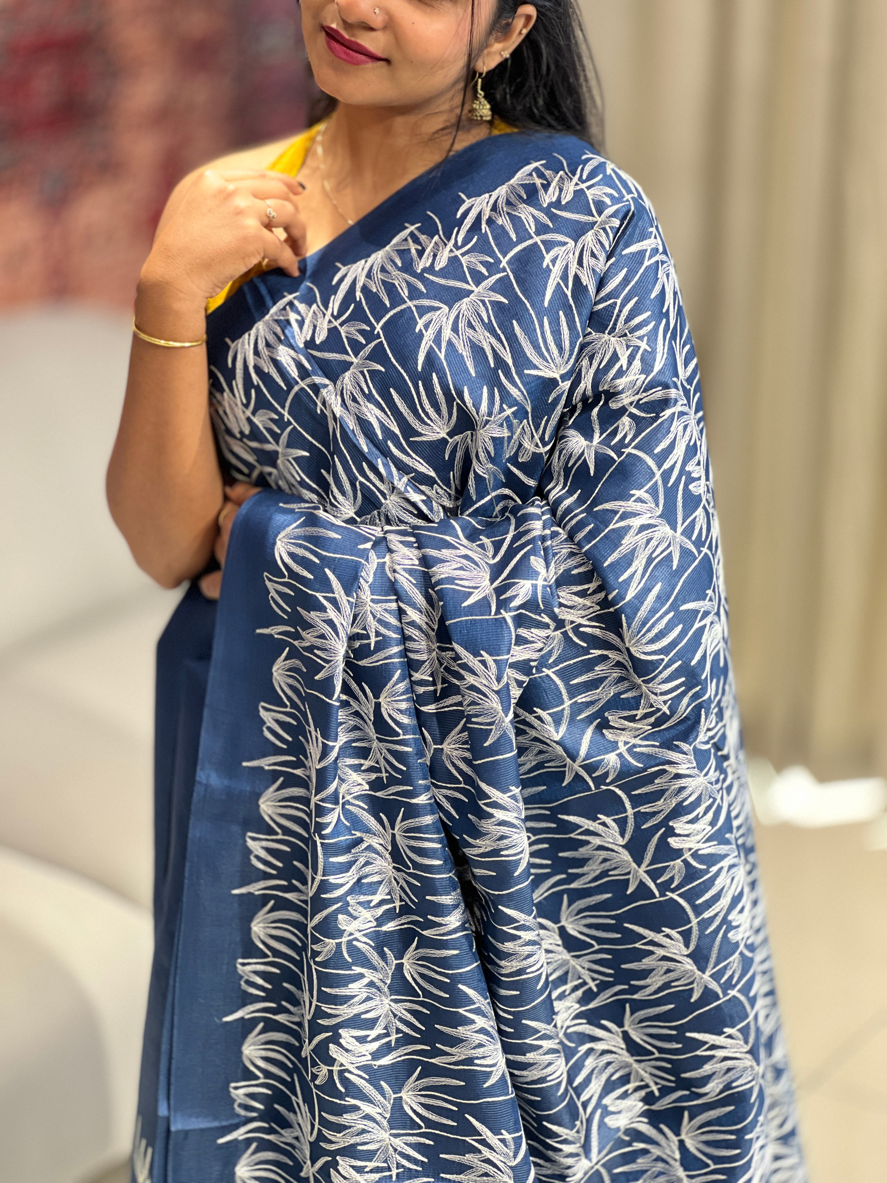 Machine Embroidery Leaf Patterned Tussar Saree | HS1290