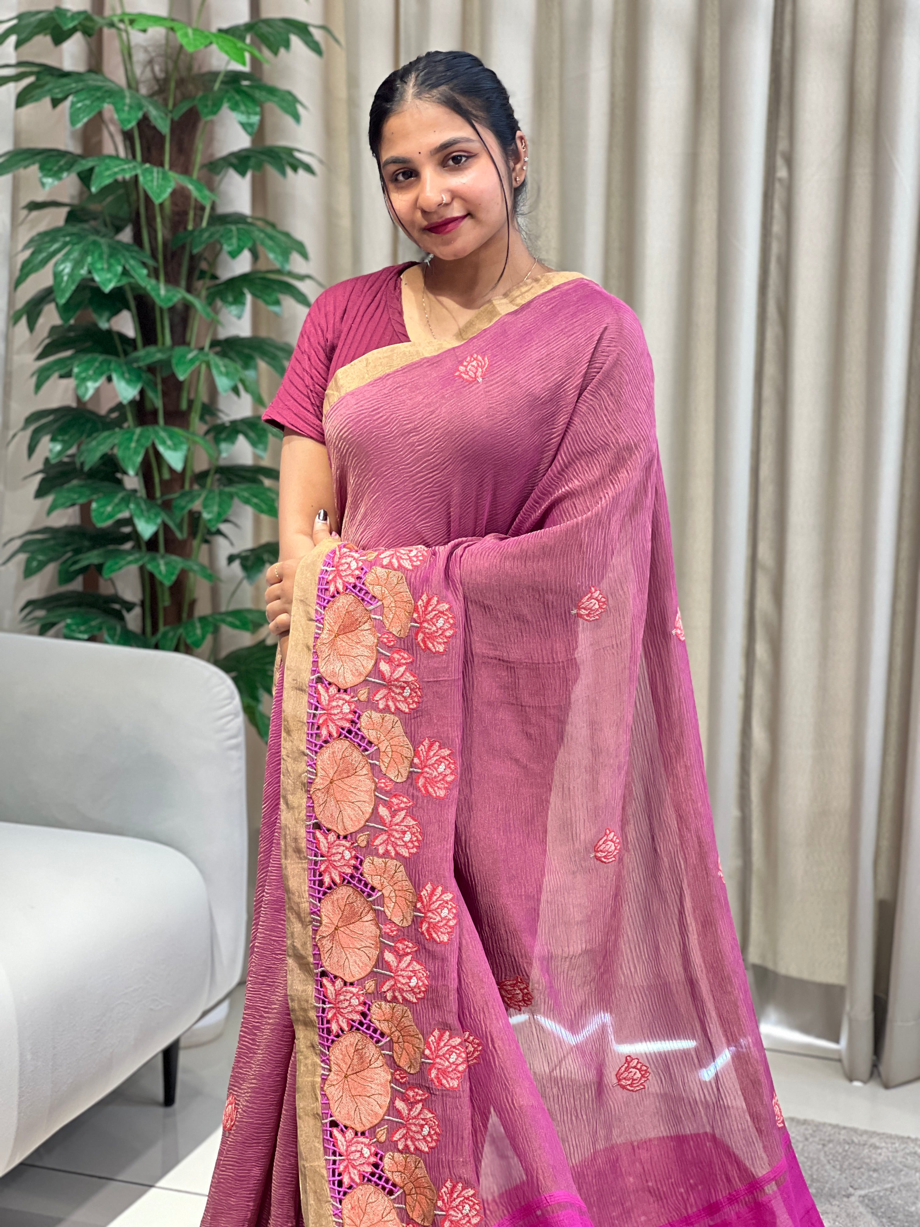 Floral Cutwork Embroidery Crushed Tussar Tissue Saree | RGD1007R