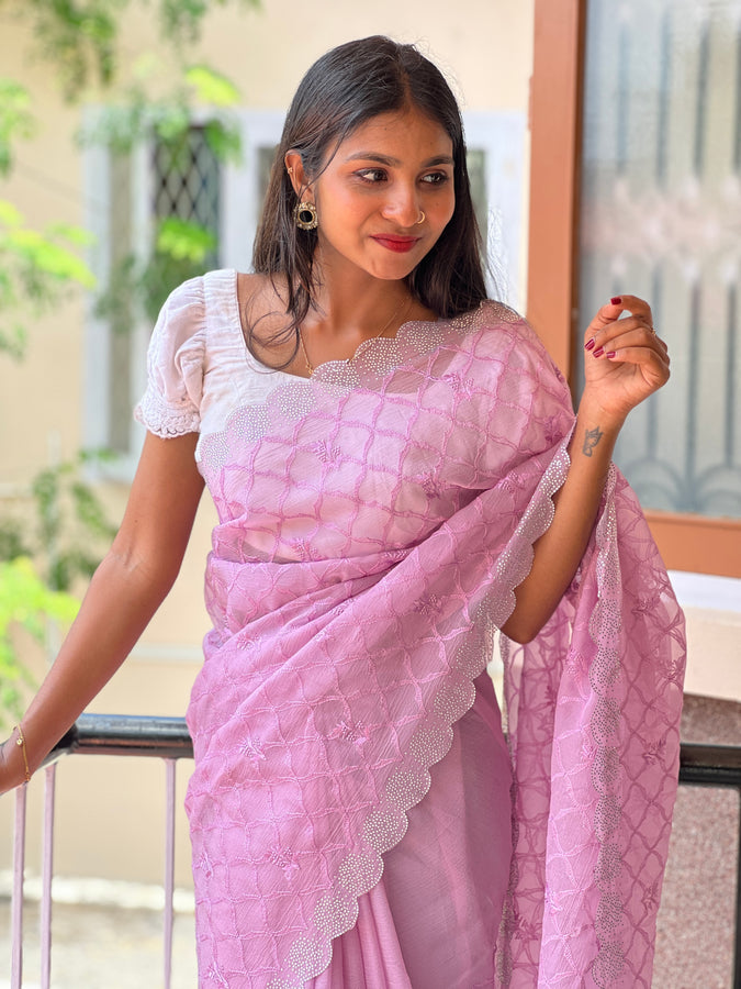 Machine Embroidery Crushed Organza Saree | SBP318