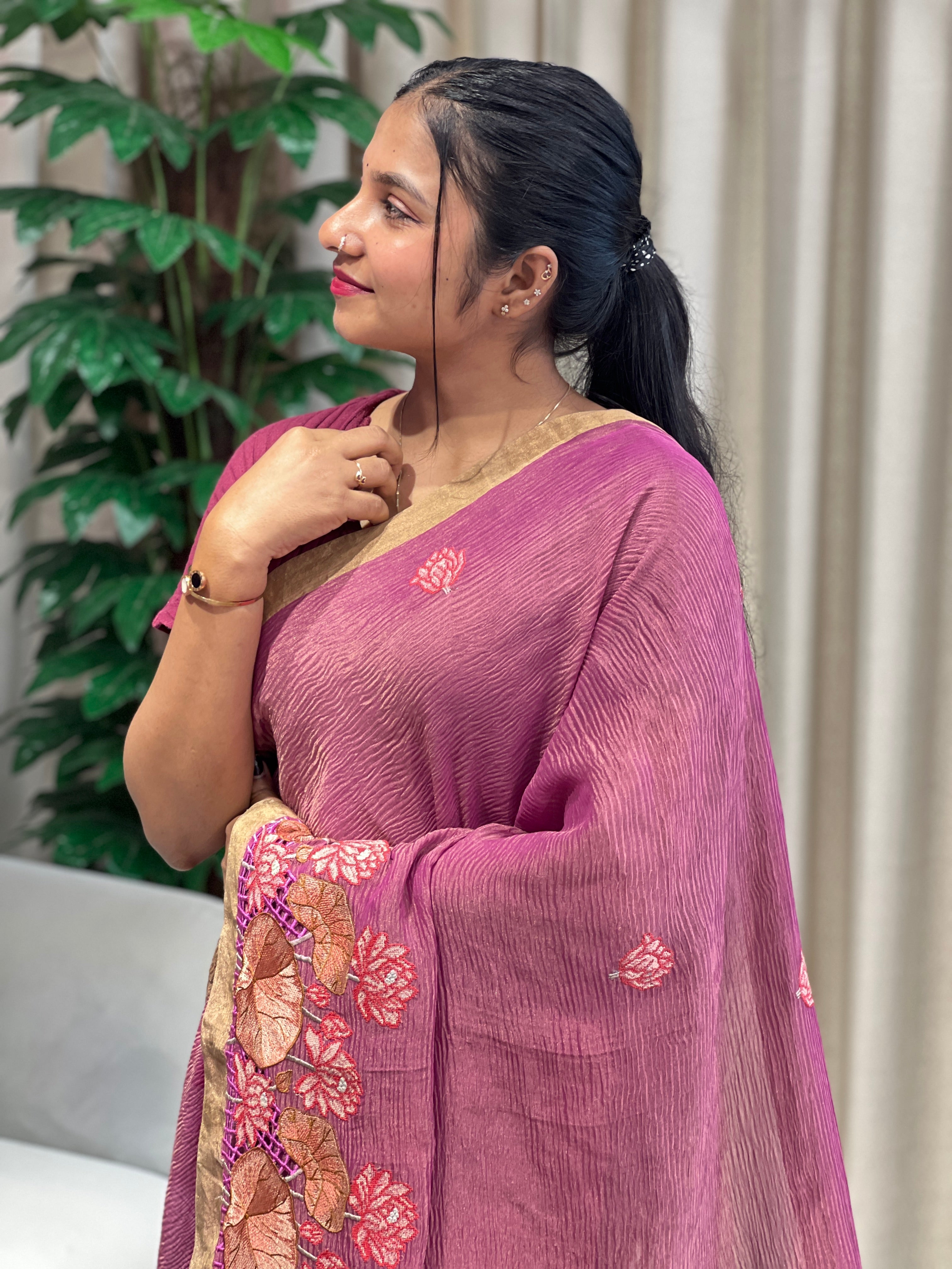 Floral Cutwork Embroidery Crushed Tussar Tissue Saree | RGD1007R
