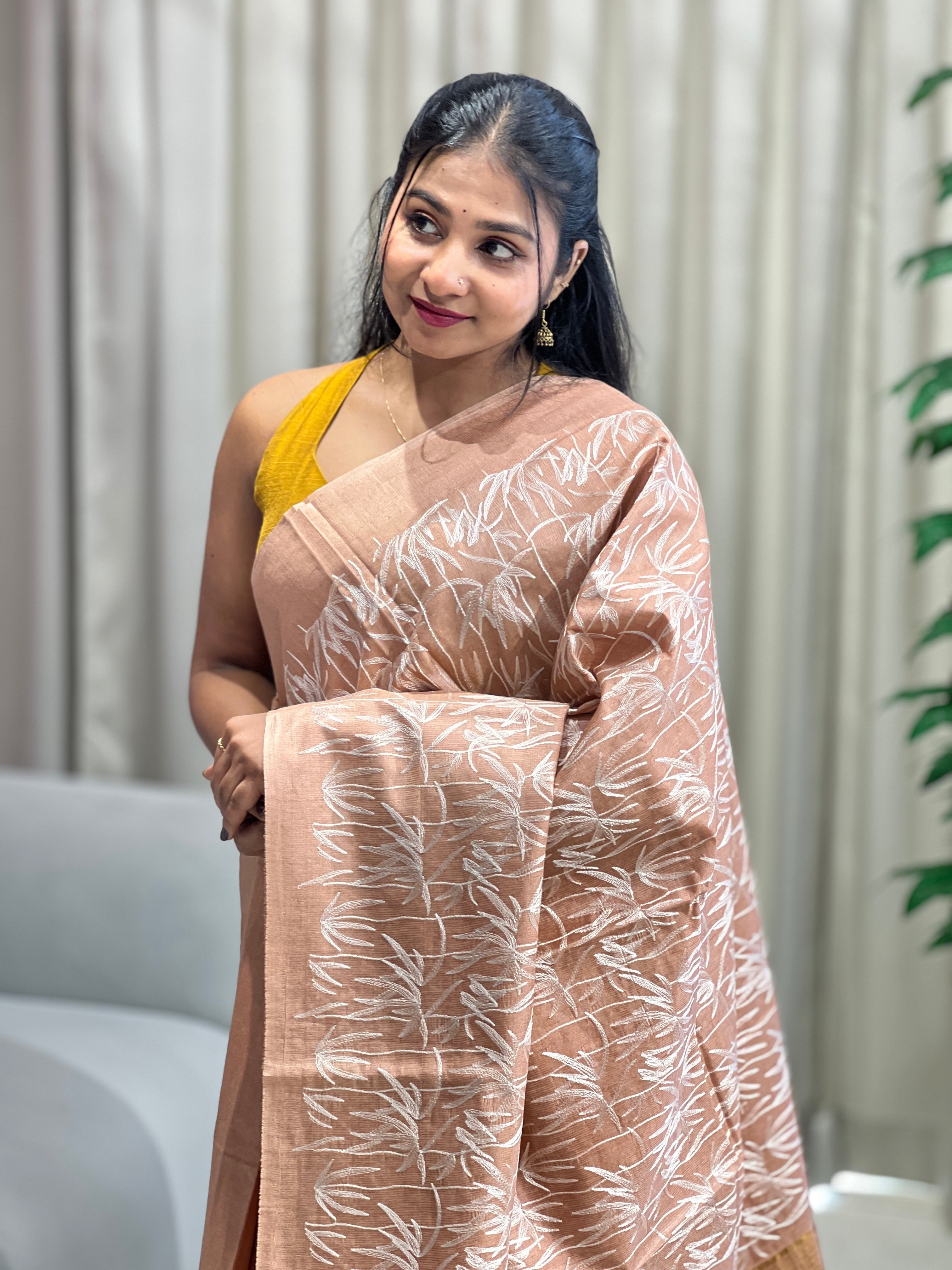 Machine Embroidery Leaf Patterned Tussar Saree | HS1289