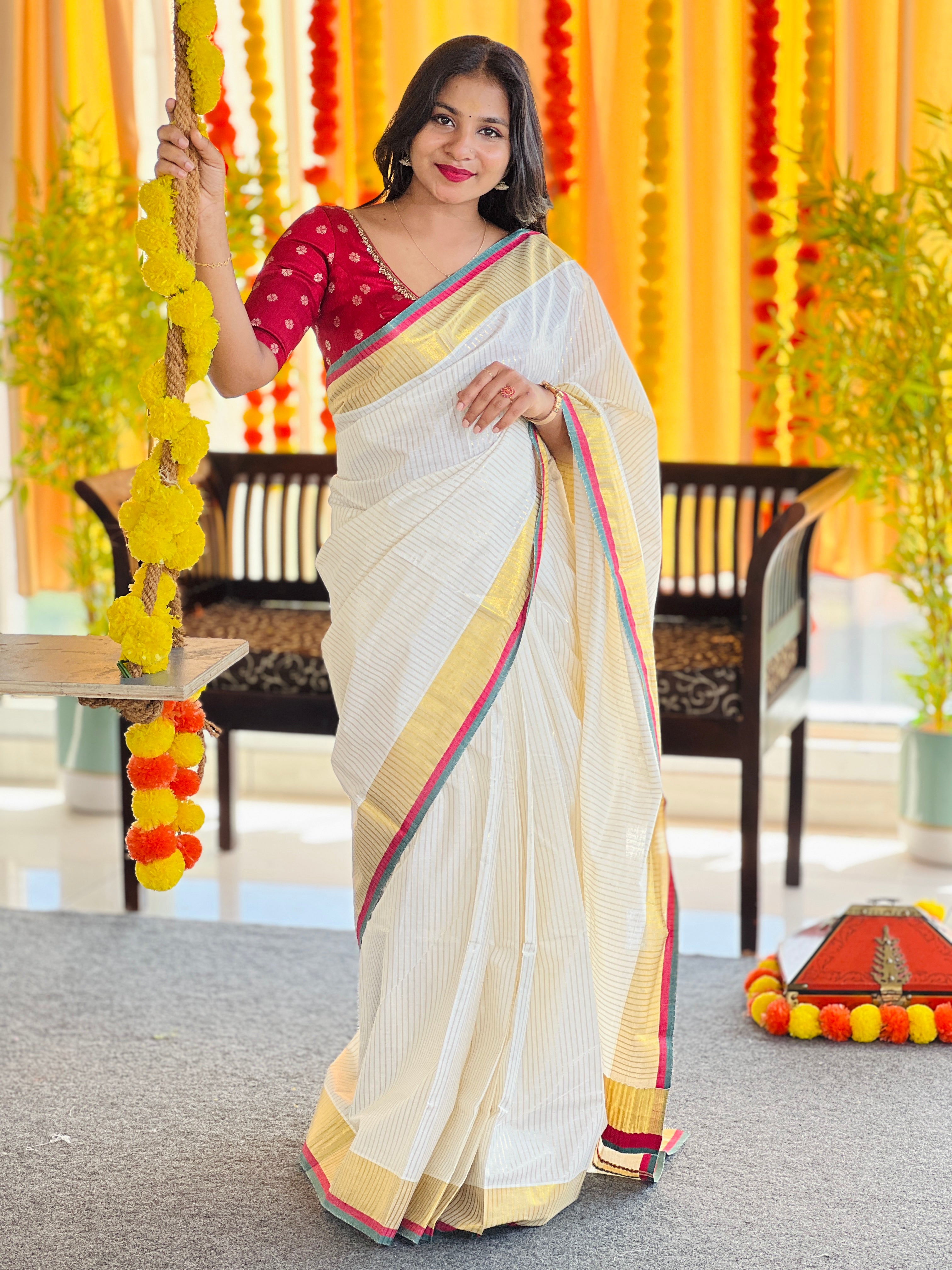 Zari Stripe Weaving Patterned Kerala Cotton Saree | RAV105