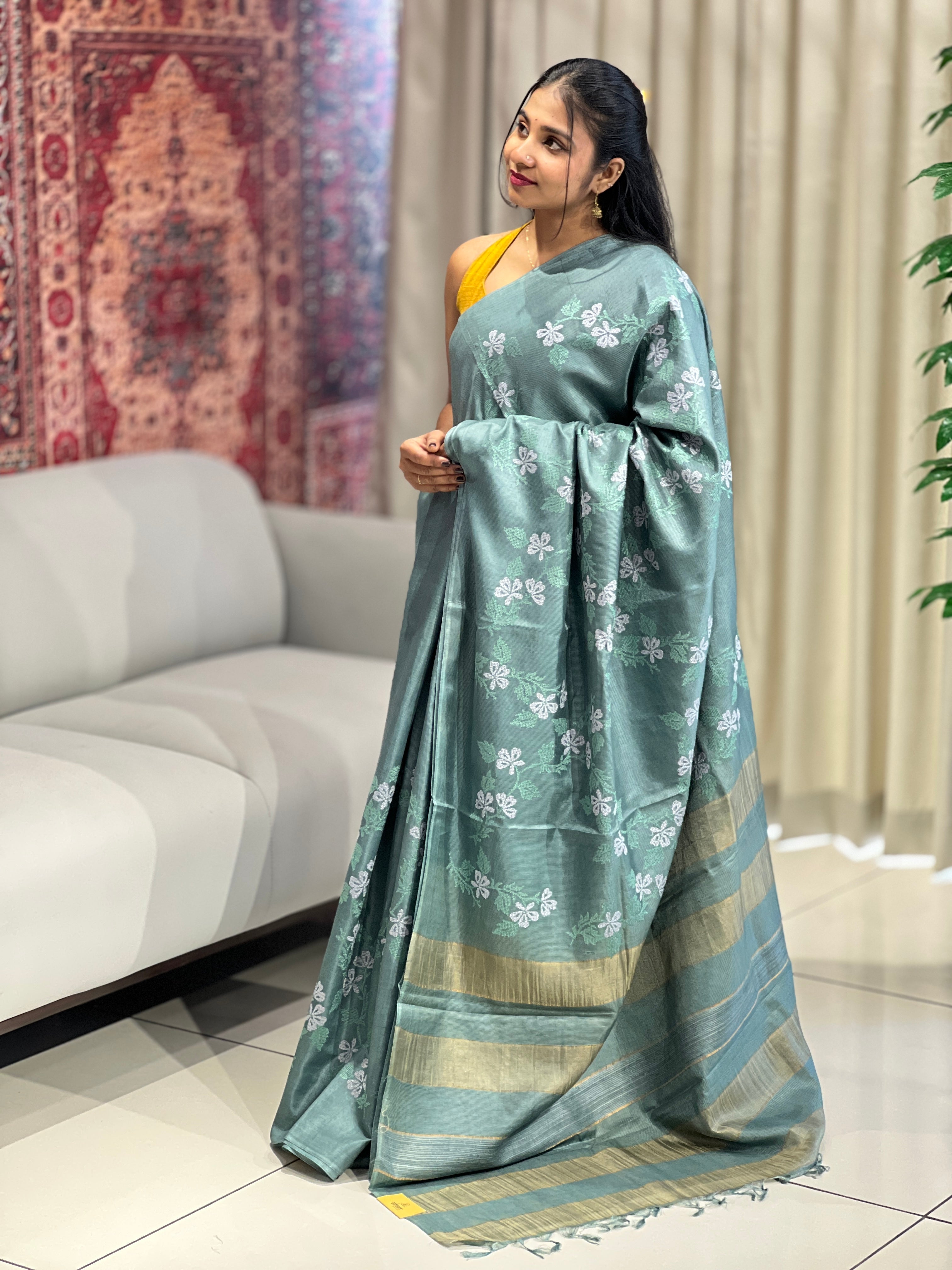 Floral Embroidery Detailed Tussar Saree | HS1303