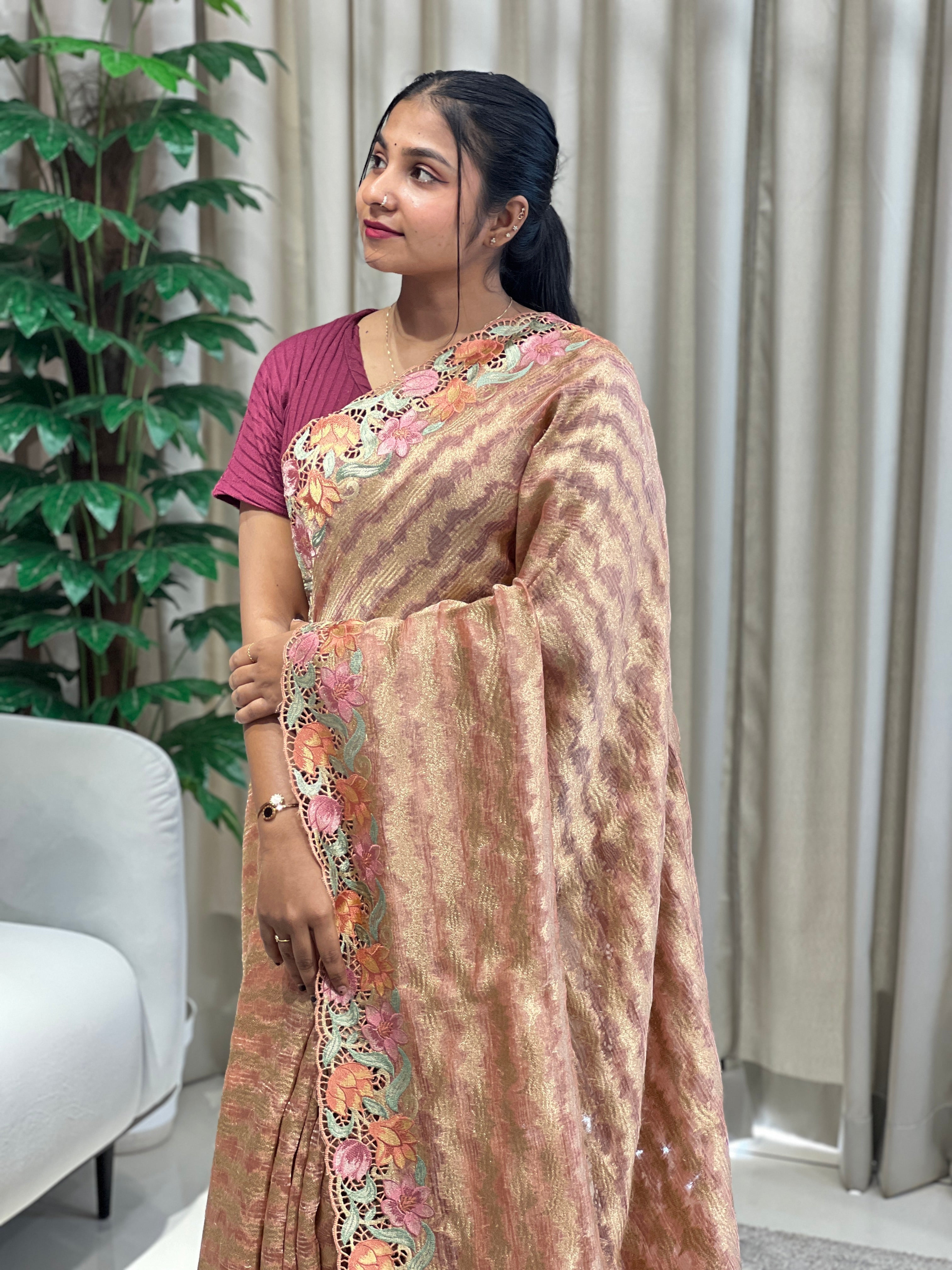 Floral Cutwork Embroidery Crushed Organza Saree | RGD995R