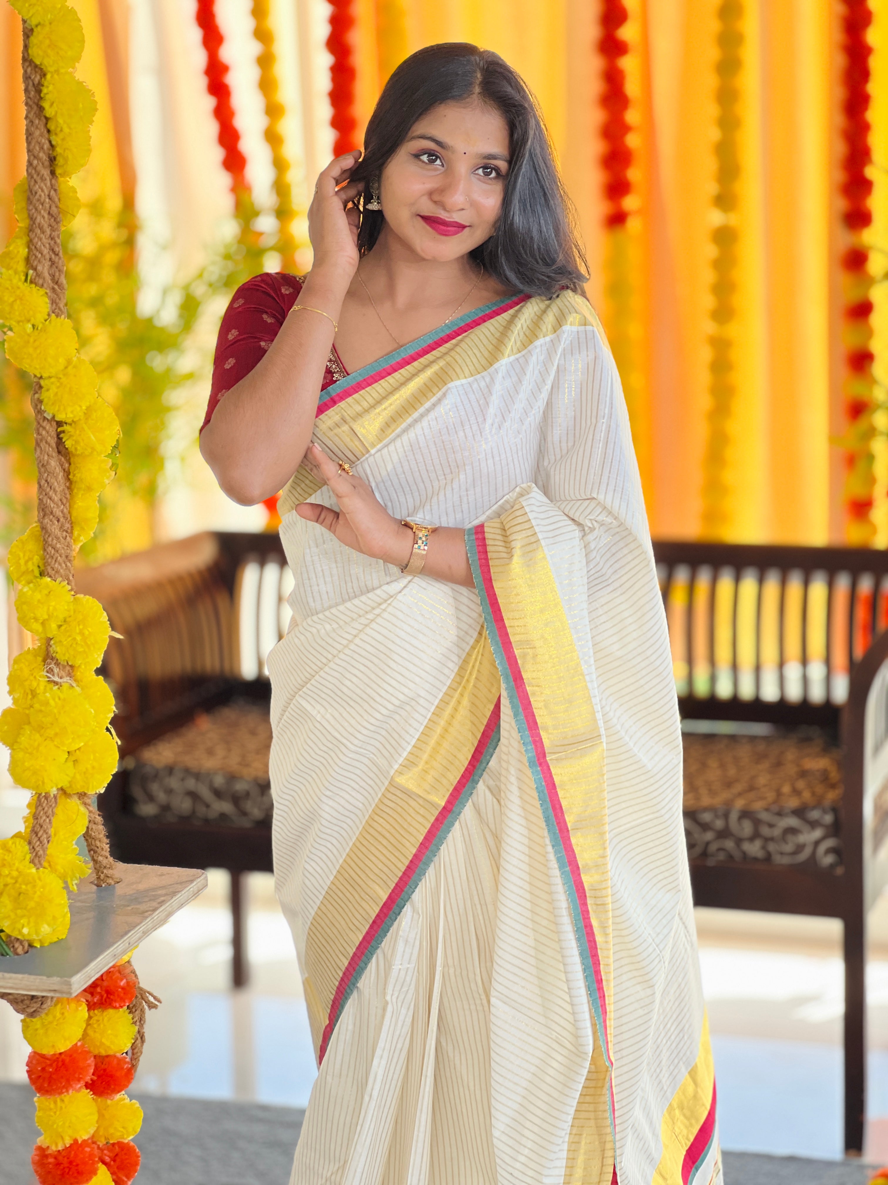 Zari Stripe Weaving Patterned Kerala Cotton Saree | RAV105