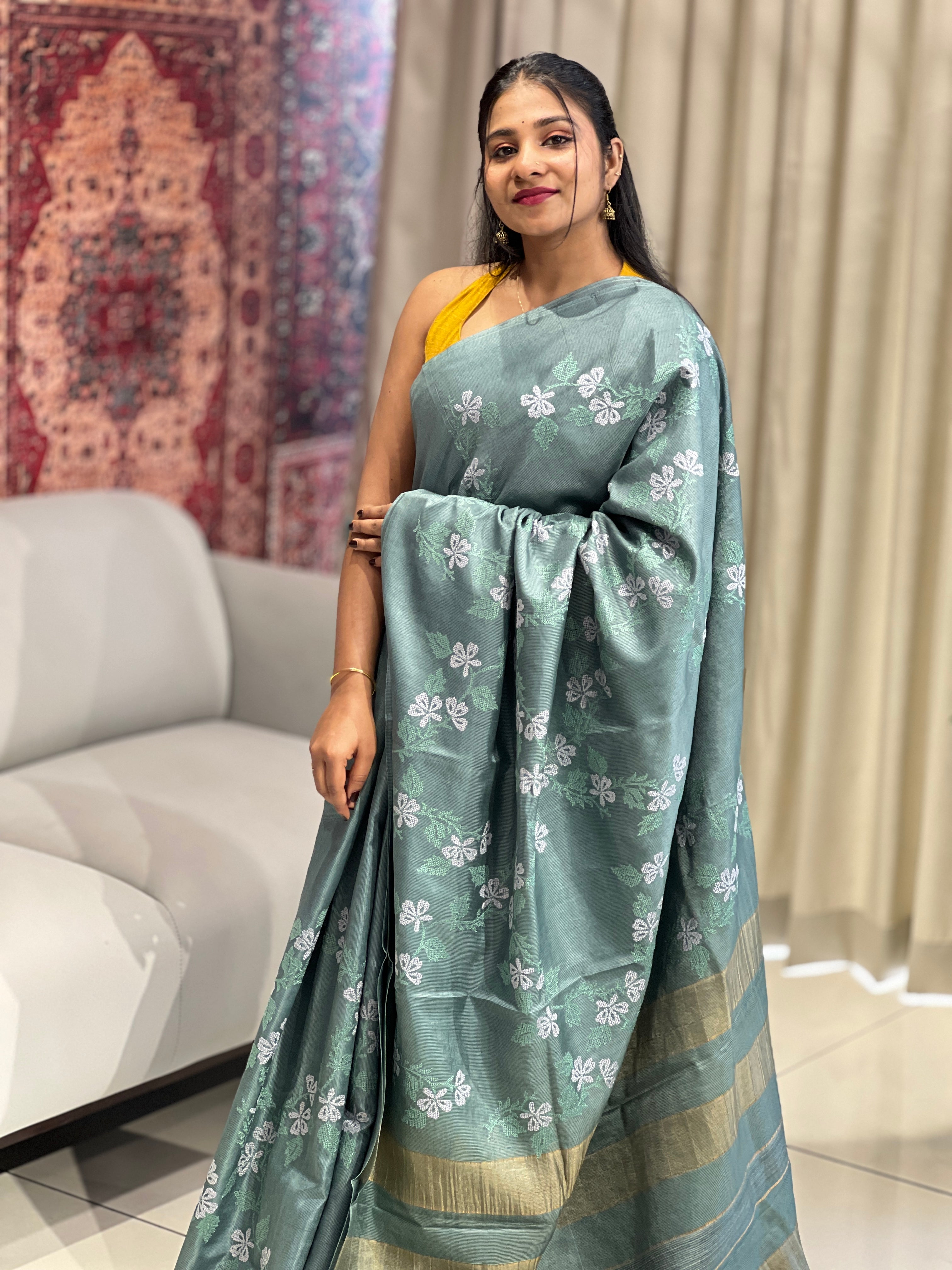 Floral Embroidery Detailed Tussar Saree | HS1303