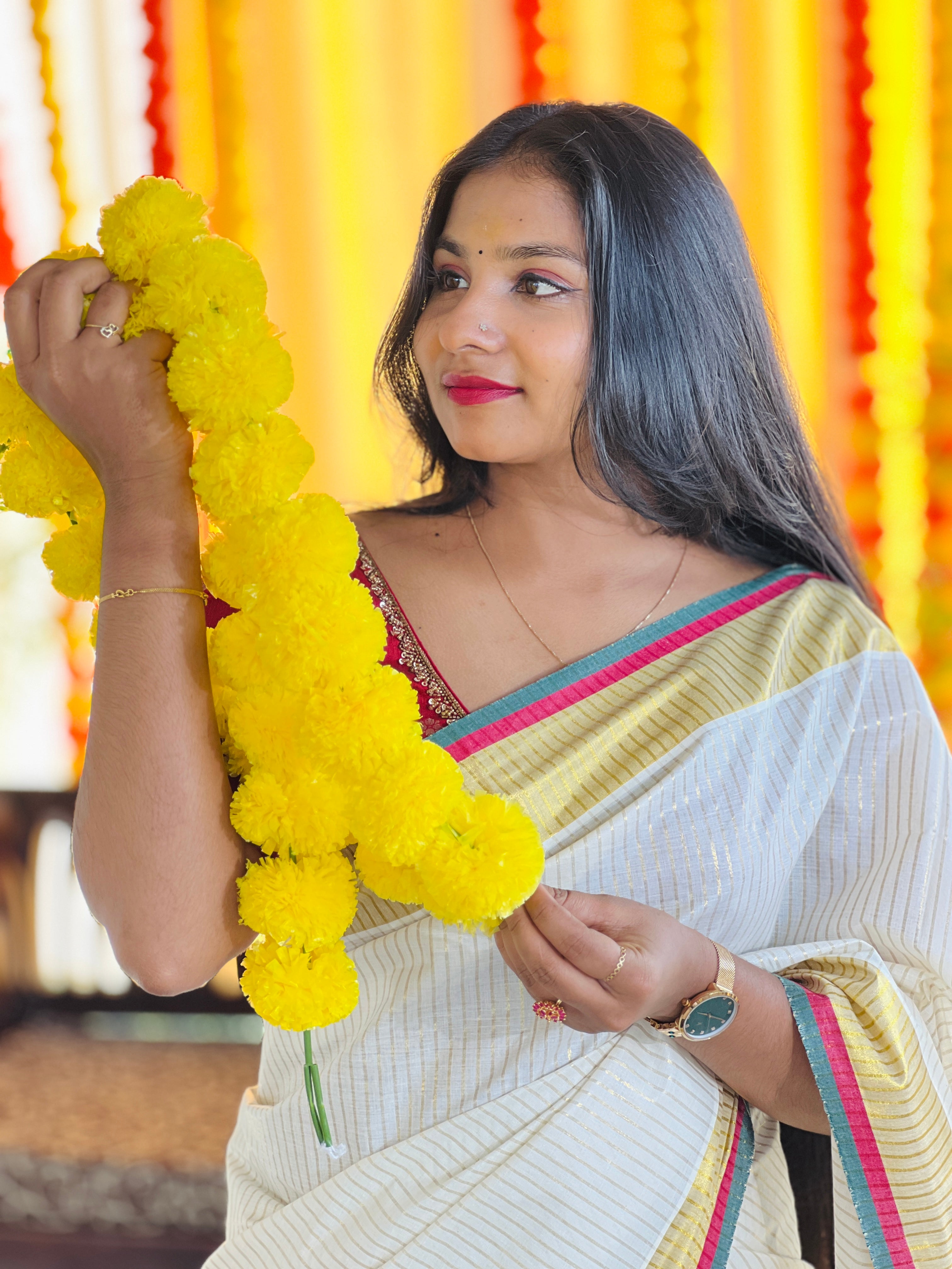 Zari Stripe Weaving Patterned Kerala Cotton Saree | RAV105