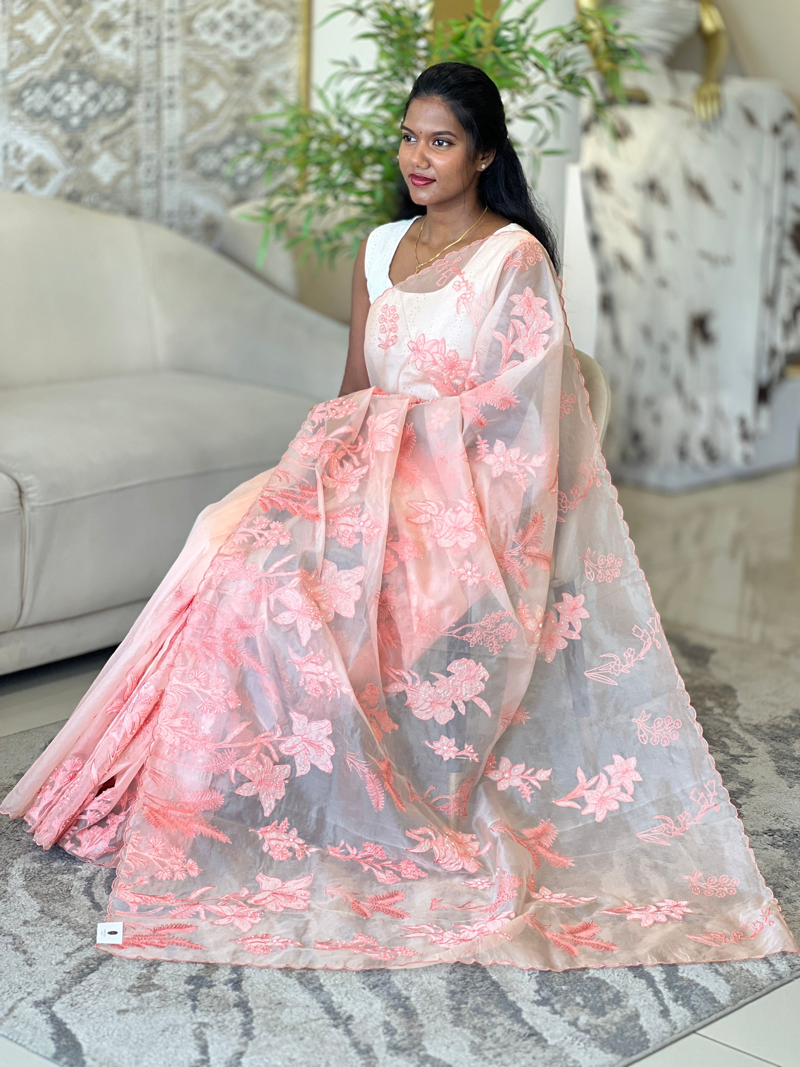 Floral Machine Embroidery And Applique Work  Detailed Organza Saree | MM171