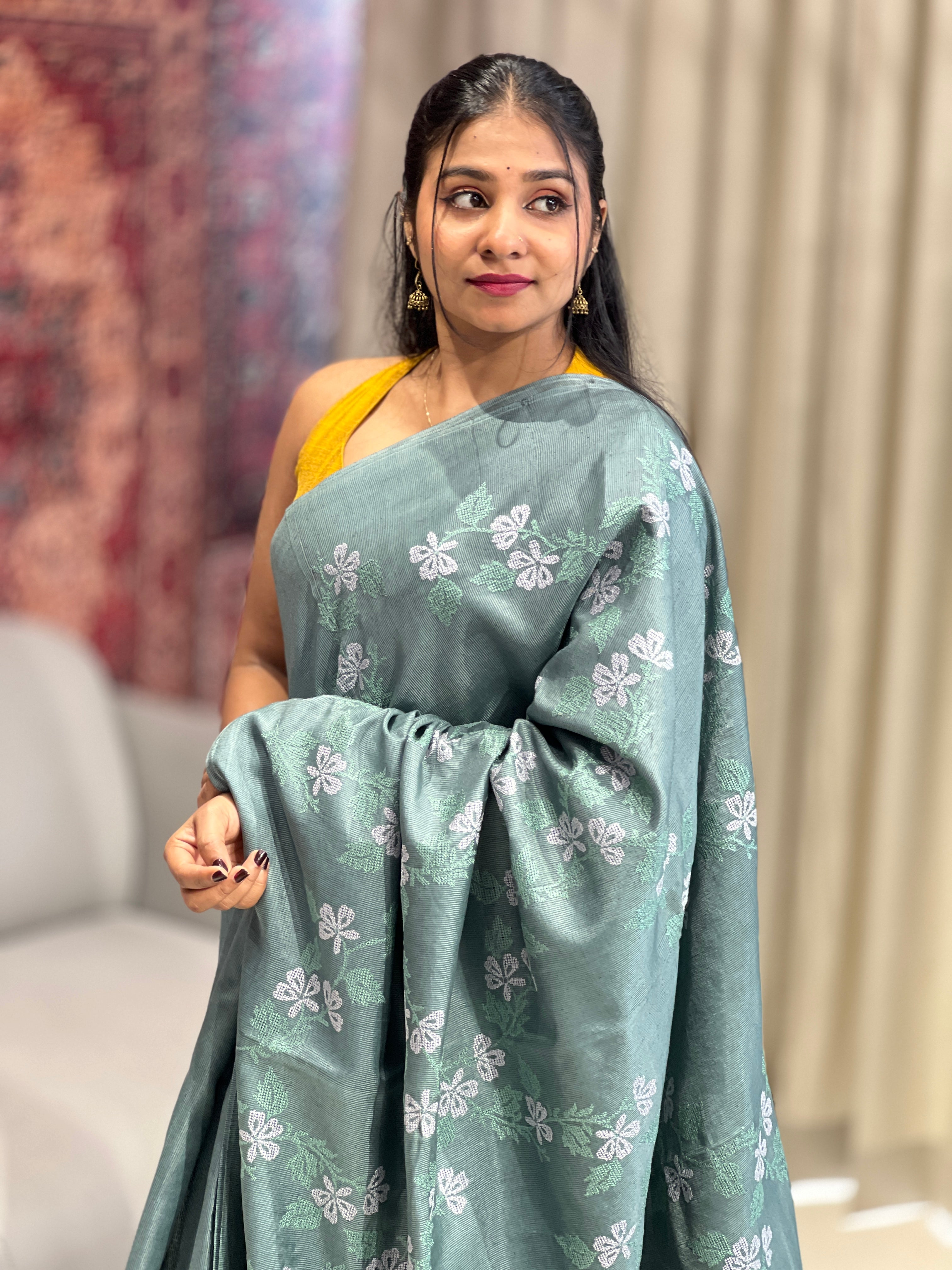 Floral Embroidery Detailed Tussar Saree | HS1303