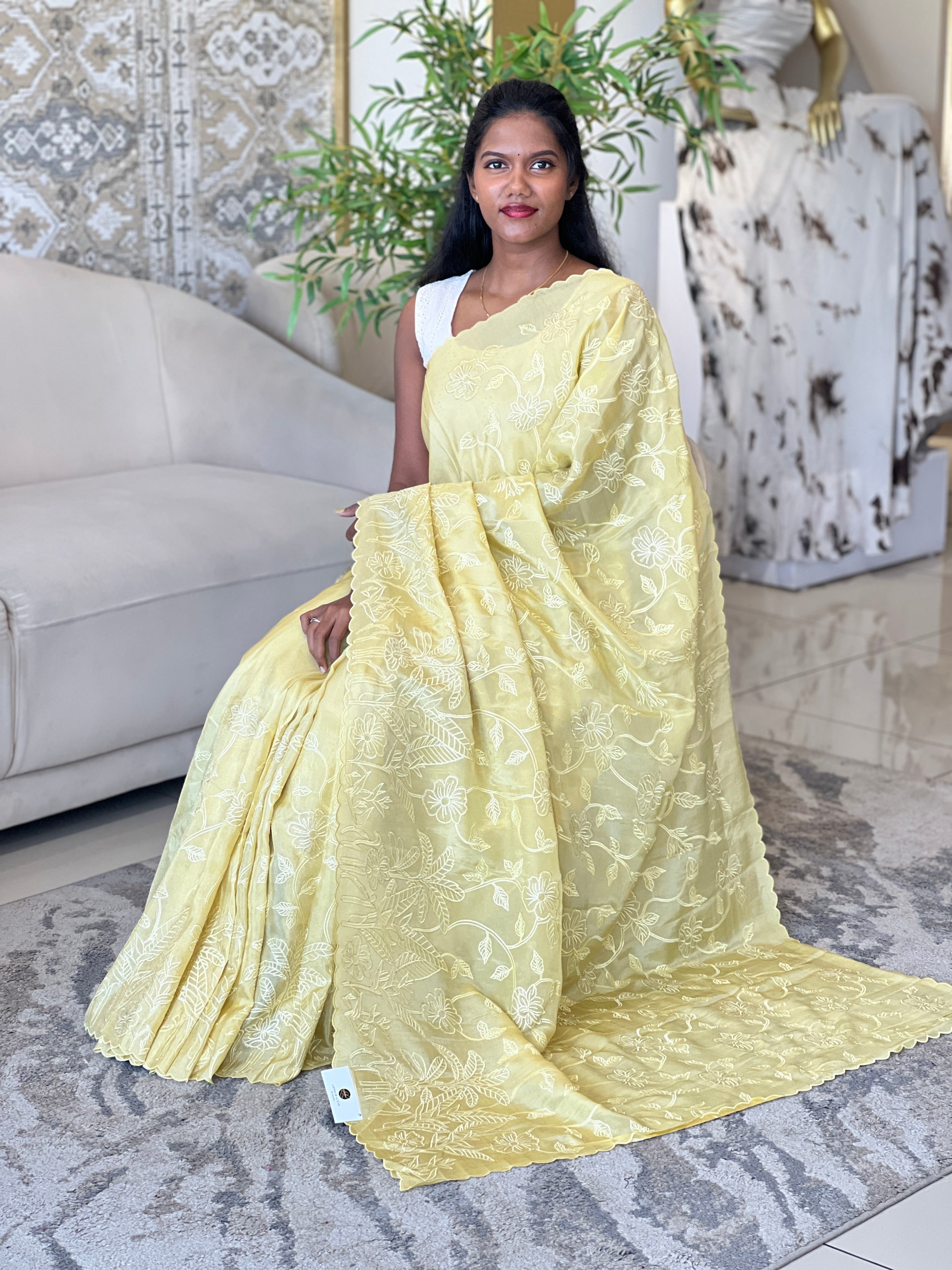 Floral Machine Embroidery Detailed Viscose Organza Saree | MM191