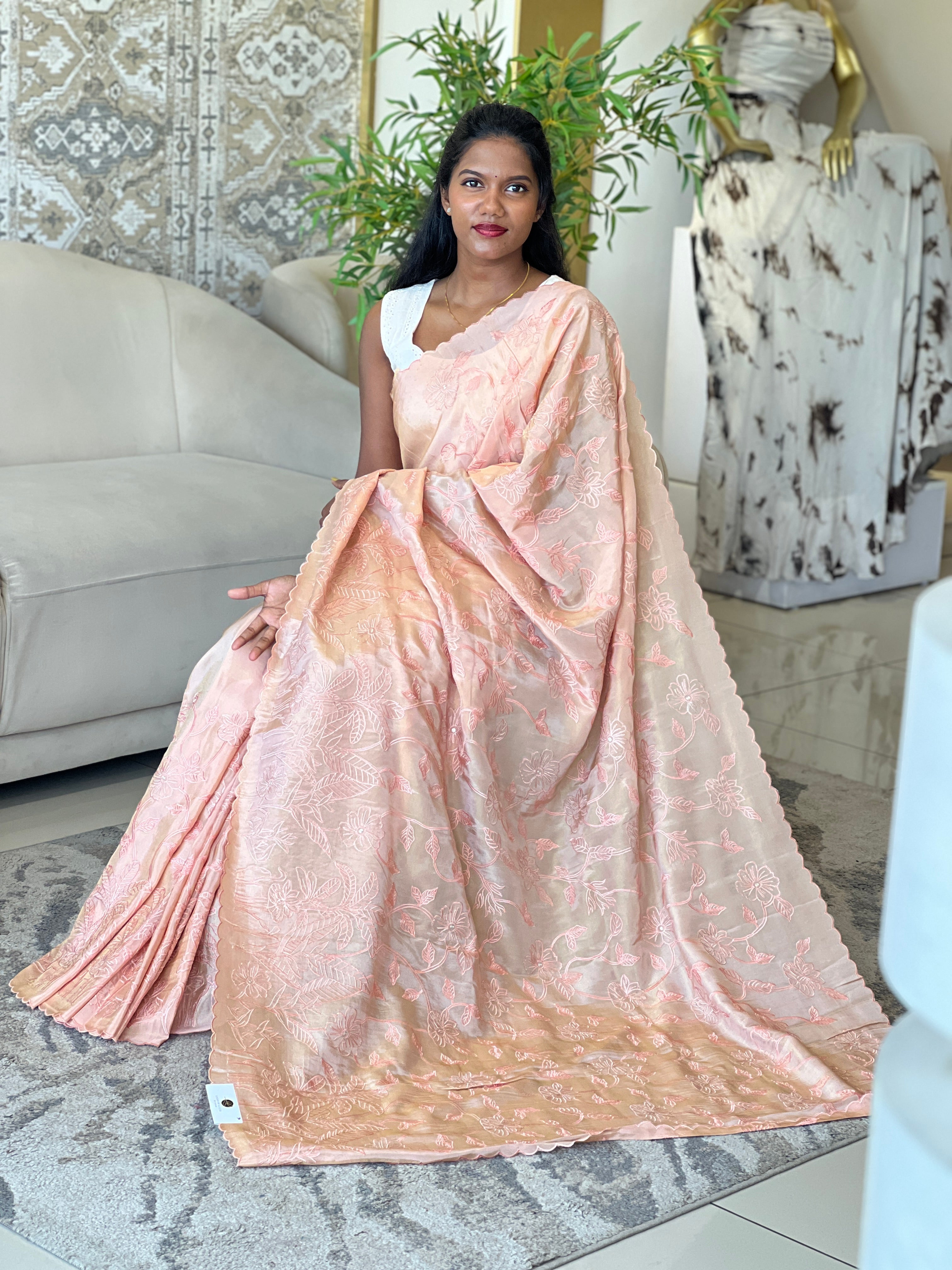 Floral Machine Embroidery Detailed Viscose Organza Saree | MM193