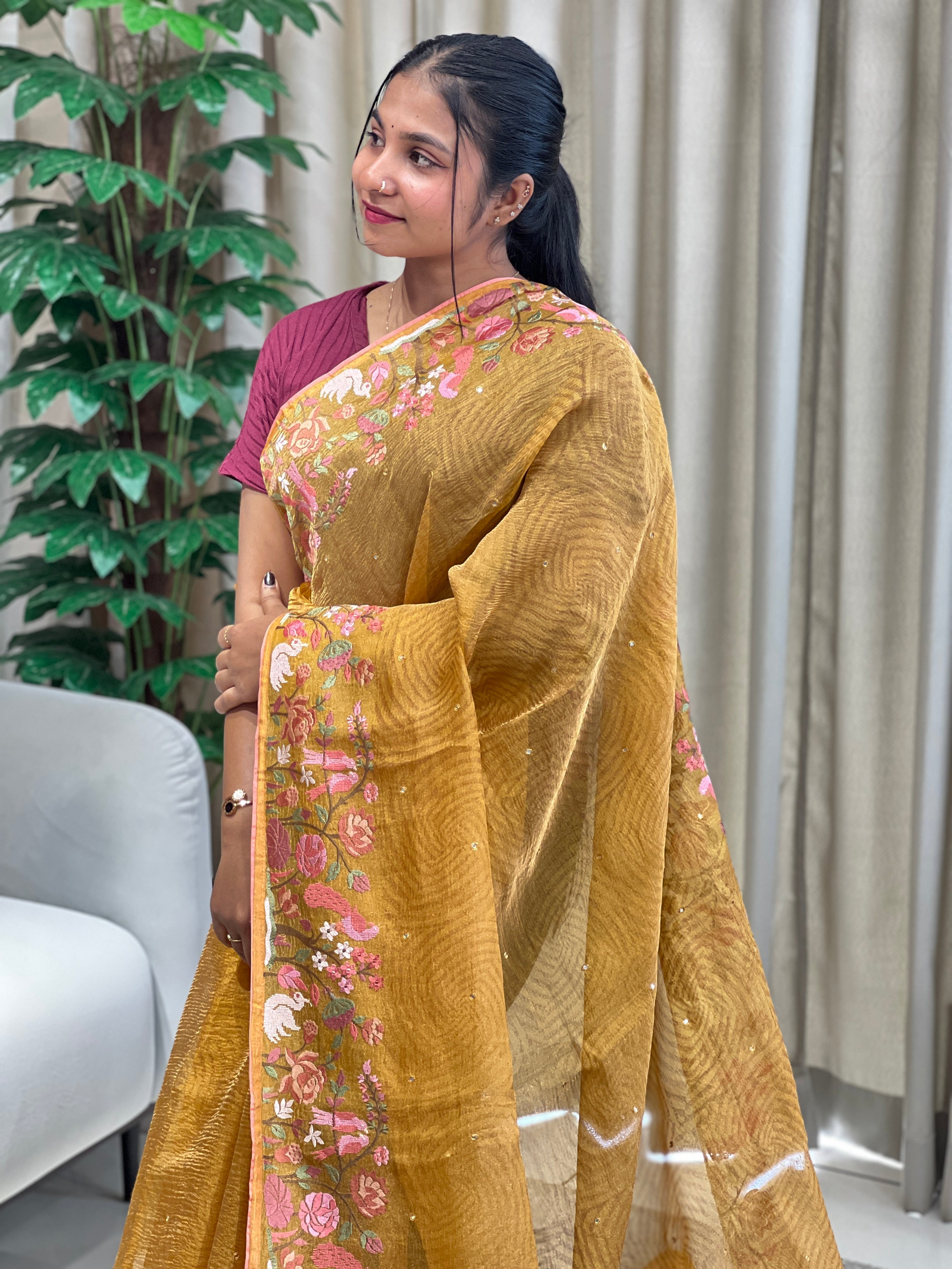 Floral and Bird Cross Stitch Embroidery Shimmer Organza Saree | RGD998R