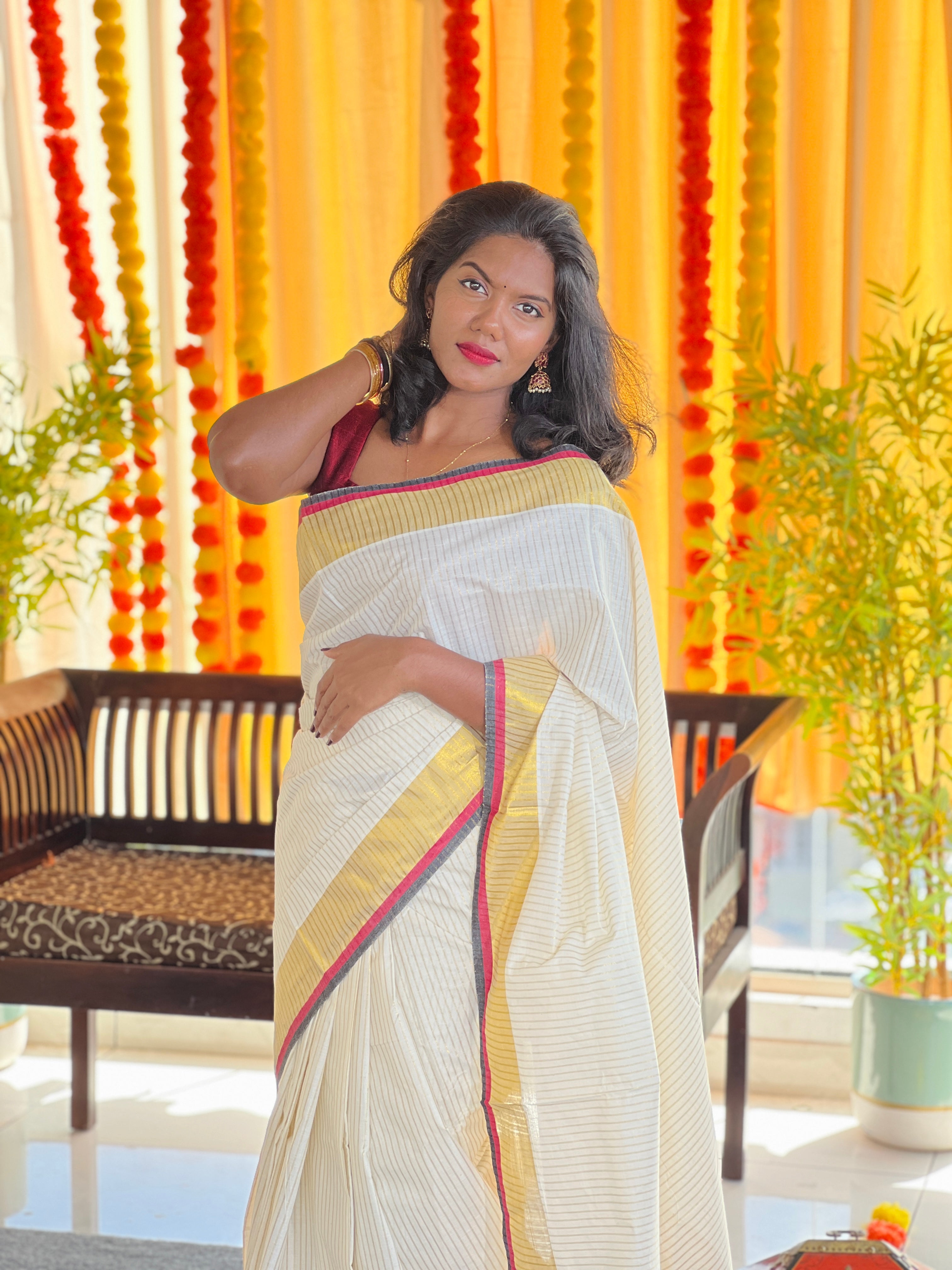 Zari Stripe Weaving Patterned Kerala Cotton Saree | RAV106