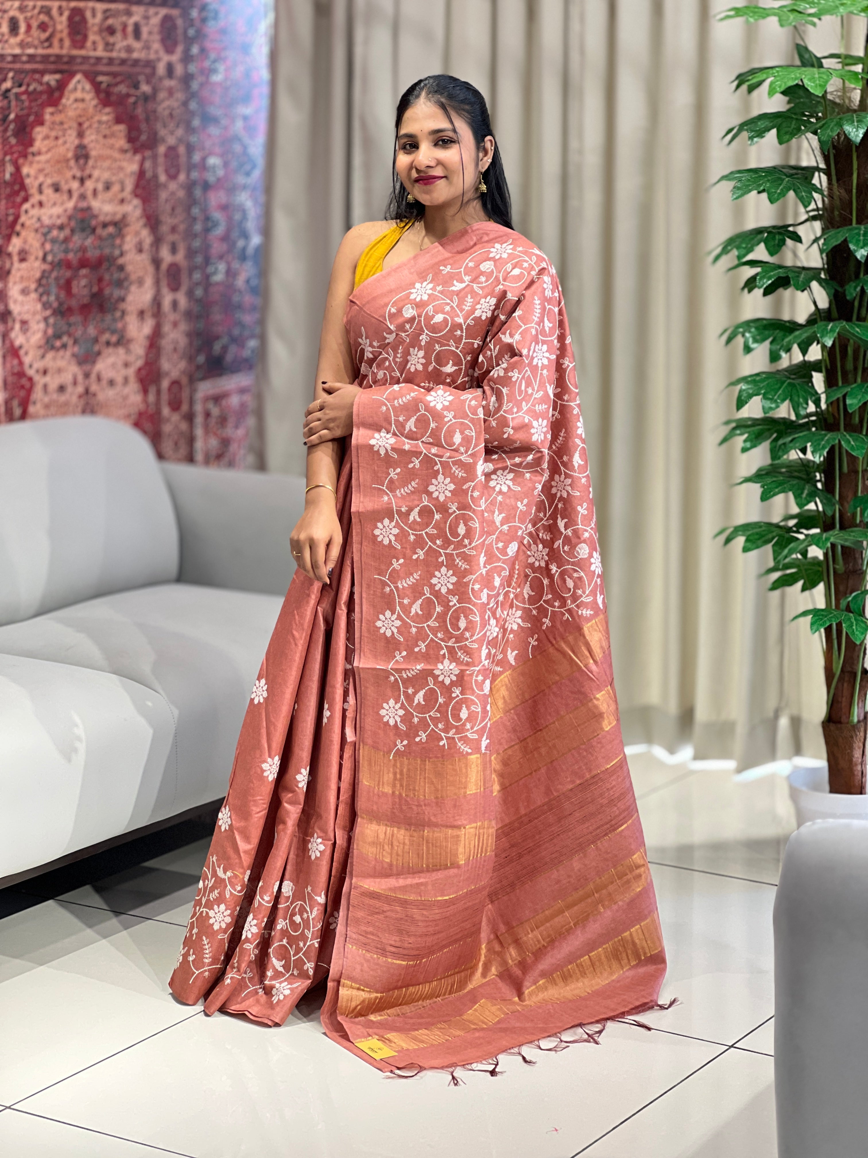 Floral Cross Stitch Embroidery Detailed Tussar Saree | HS1297