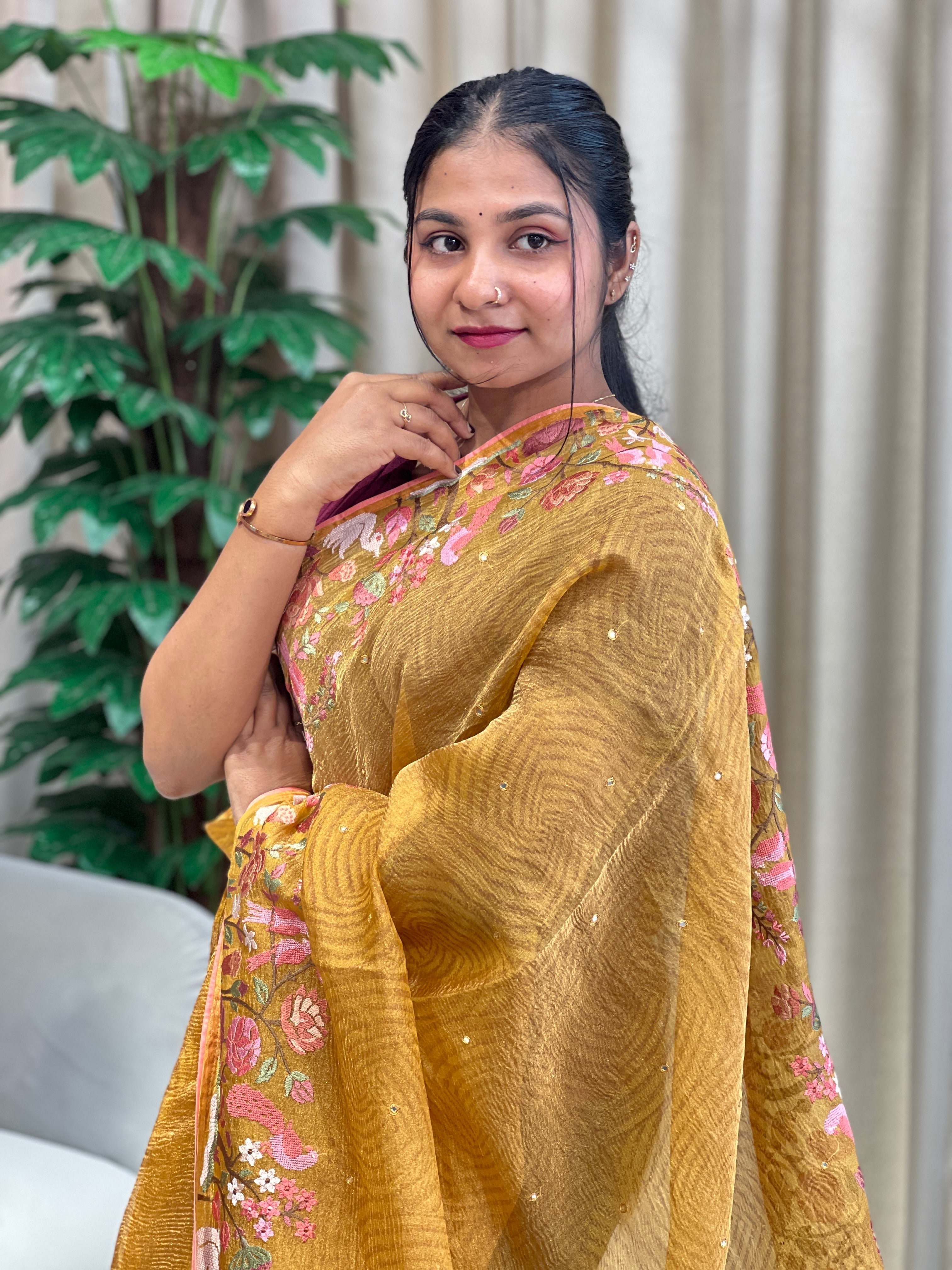 Floral and Bird Cross Stitch Embroidery Shimmer Organza Saree | RGD998R