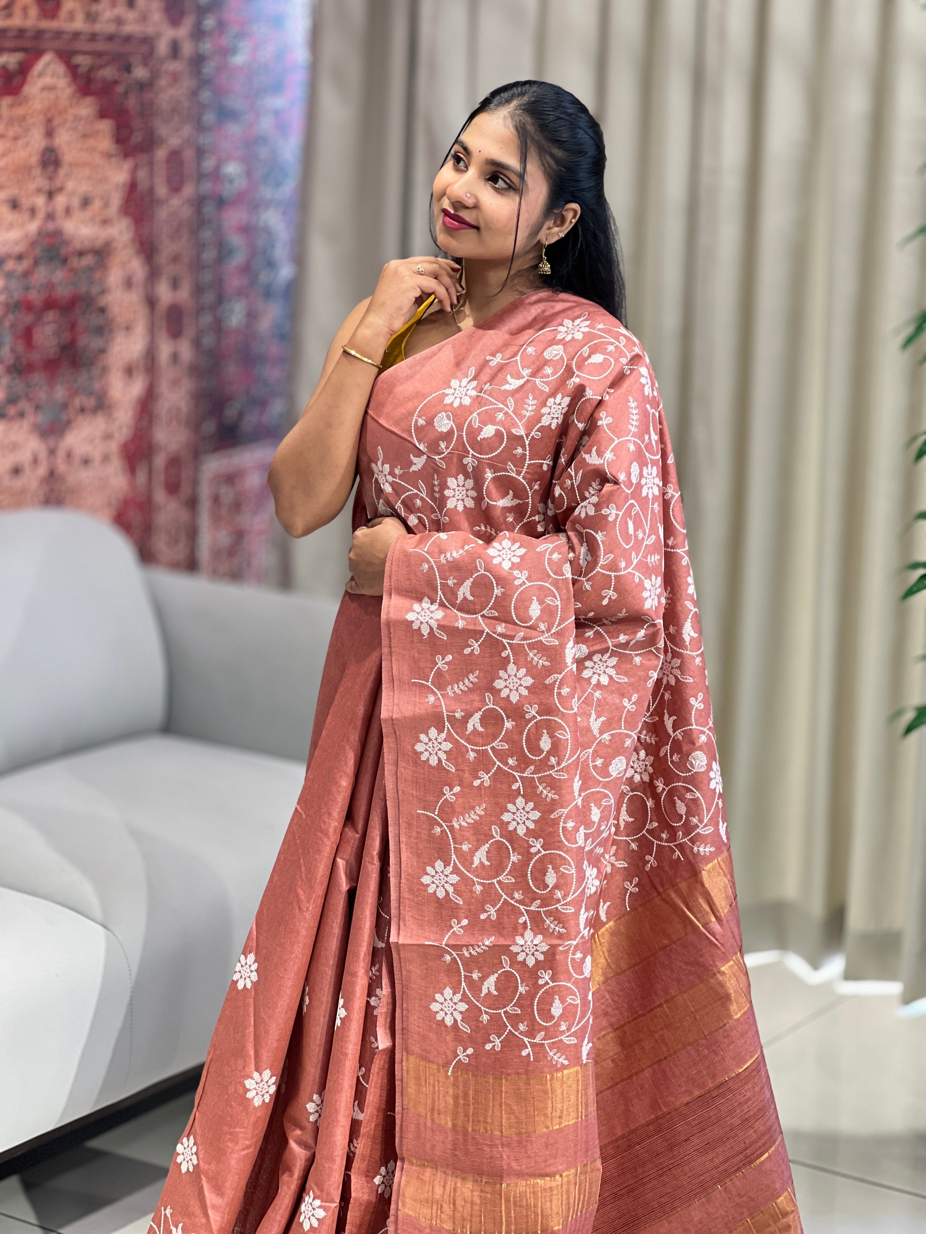 Floral Cross Stitch Embroidery Detailed Tussar Saree | HS1297