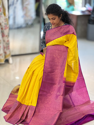 Yellow Color Magenta Pink Combination Kanchipuram Saree | AK153