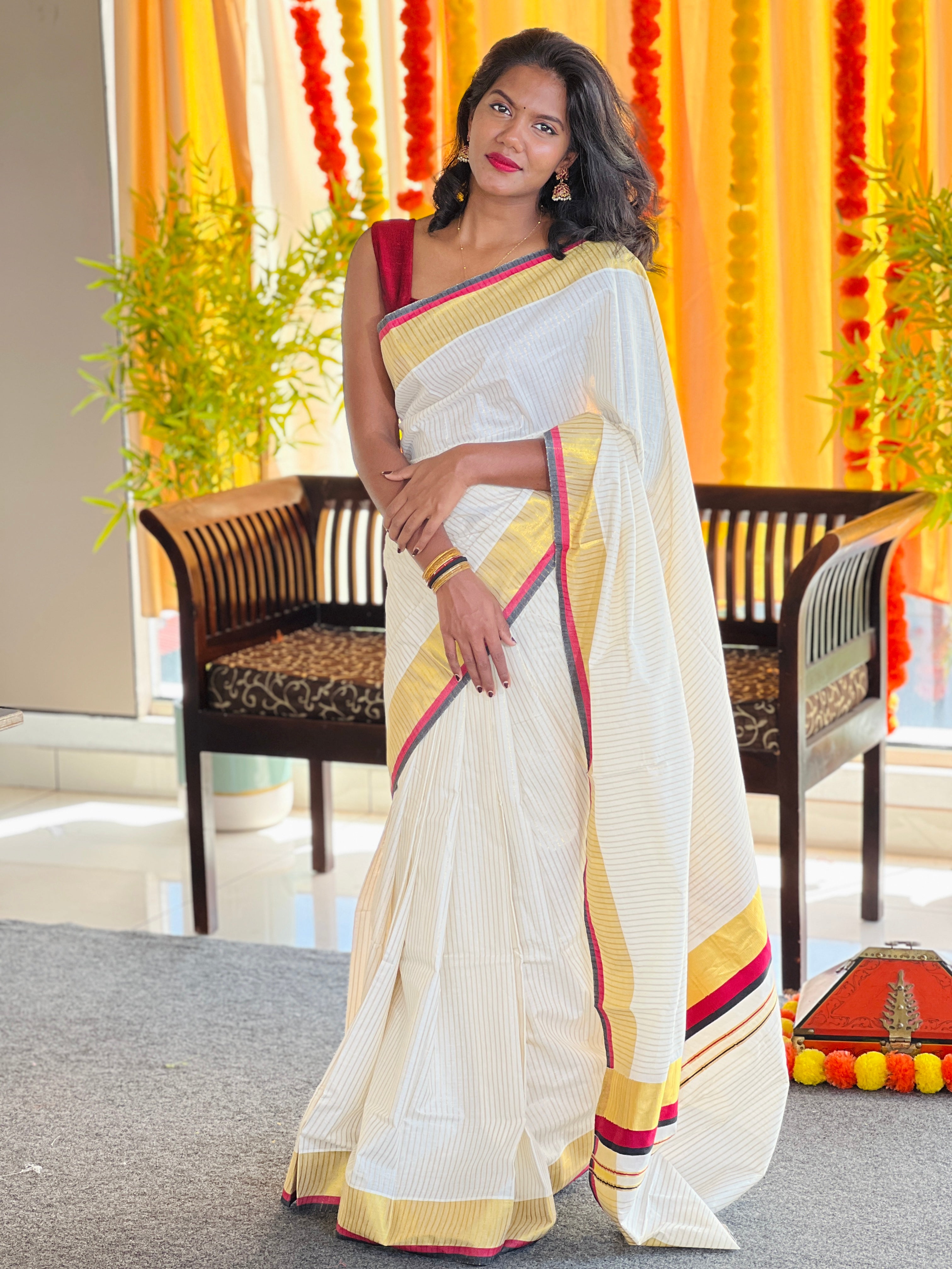 Zari Stripe Weaving Patterned Kerala Cotton Saree | RAV106