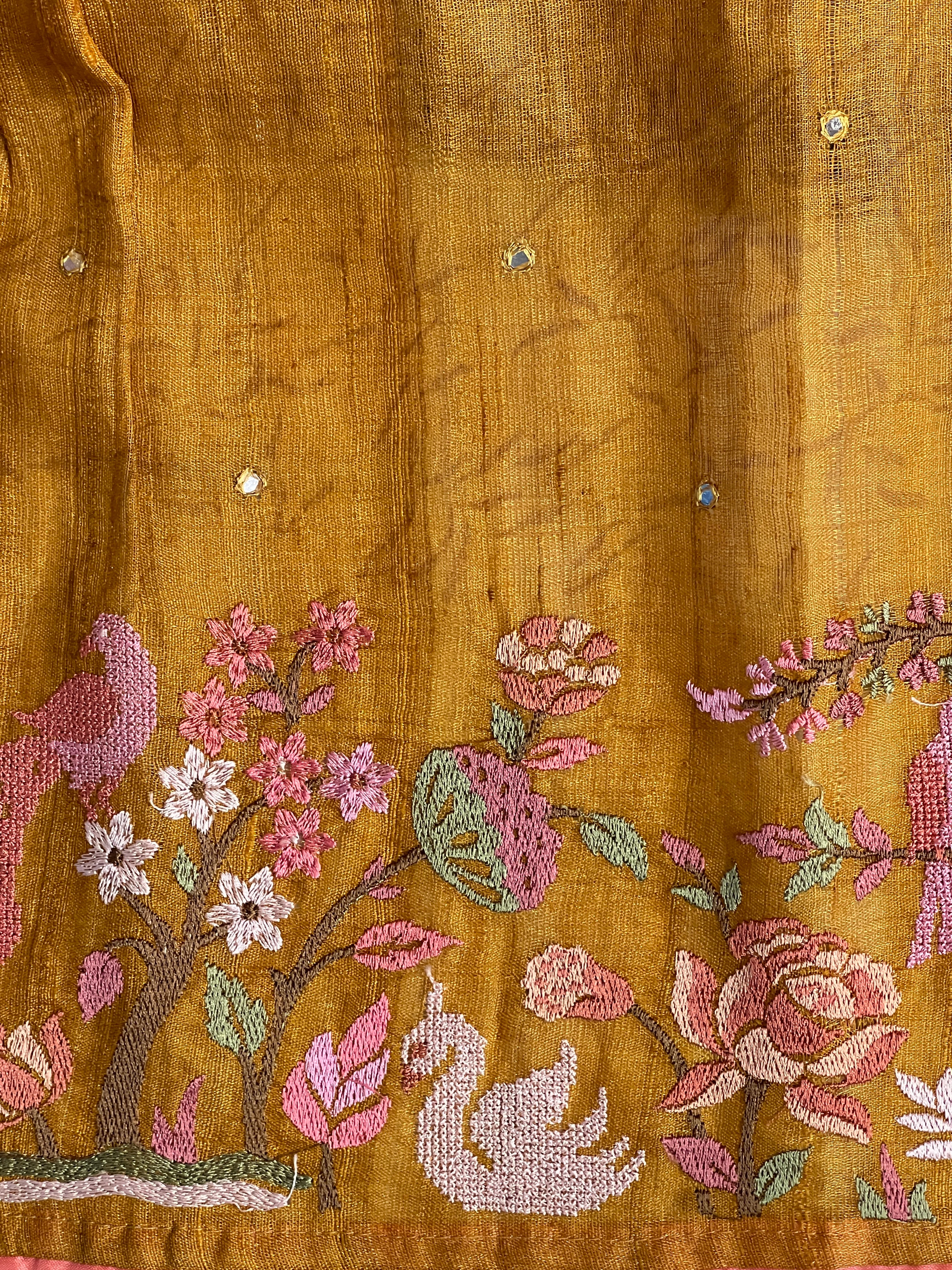 Floral and Bird Cross Stitch Embroidery Shimmer Organza Saree | RGD998R