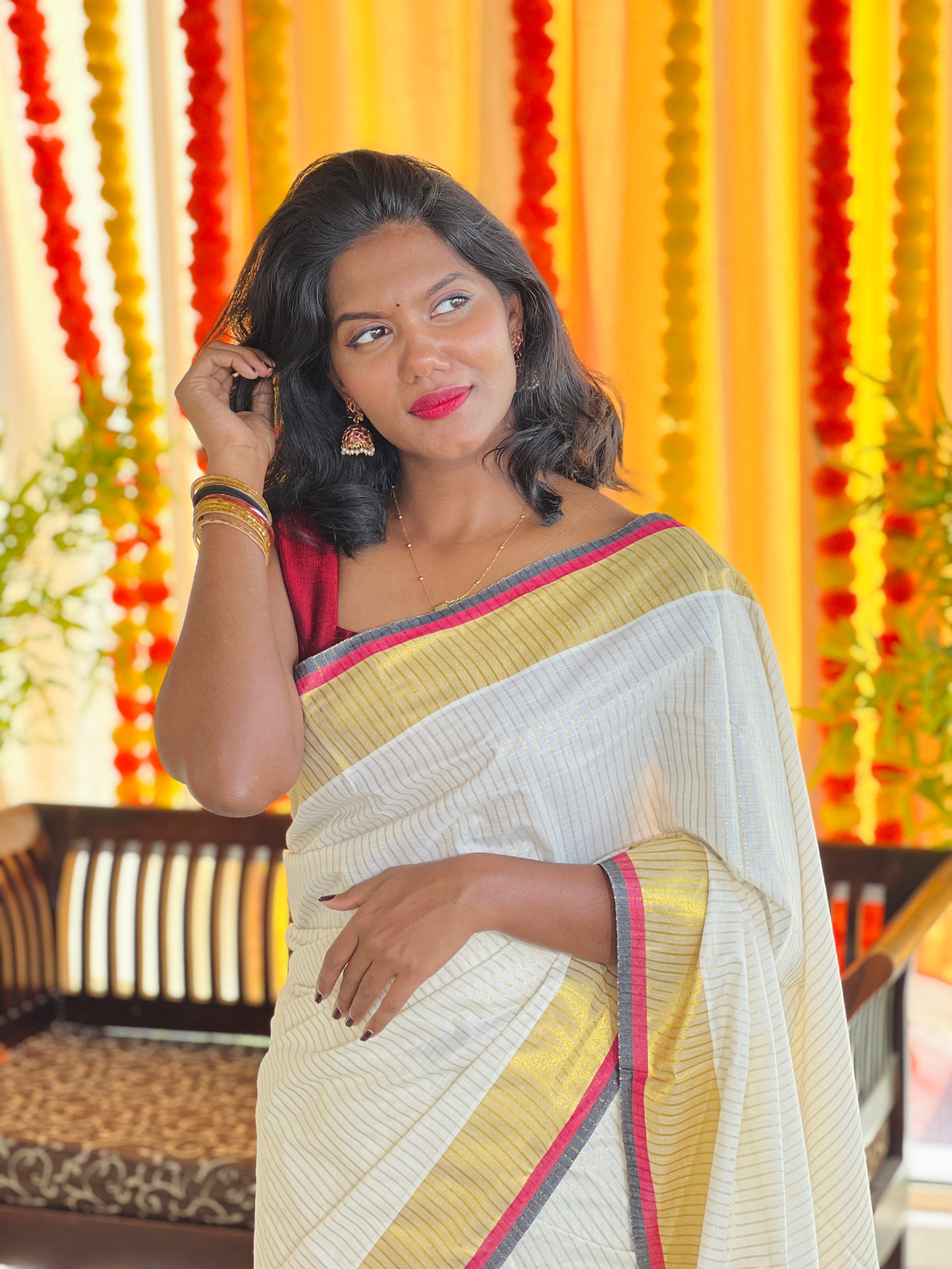 Zari Stripe Weaving Patterned Kerala Cotton Saree | RAV106