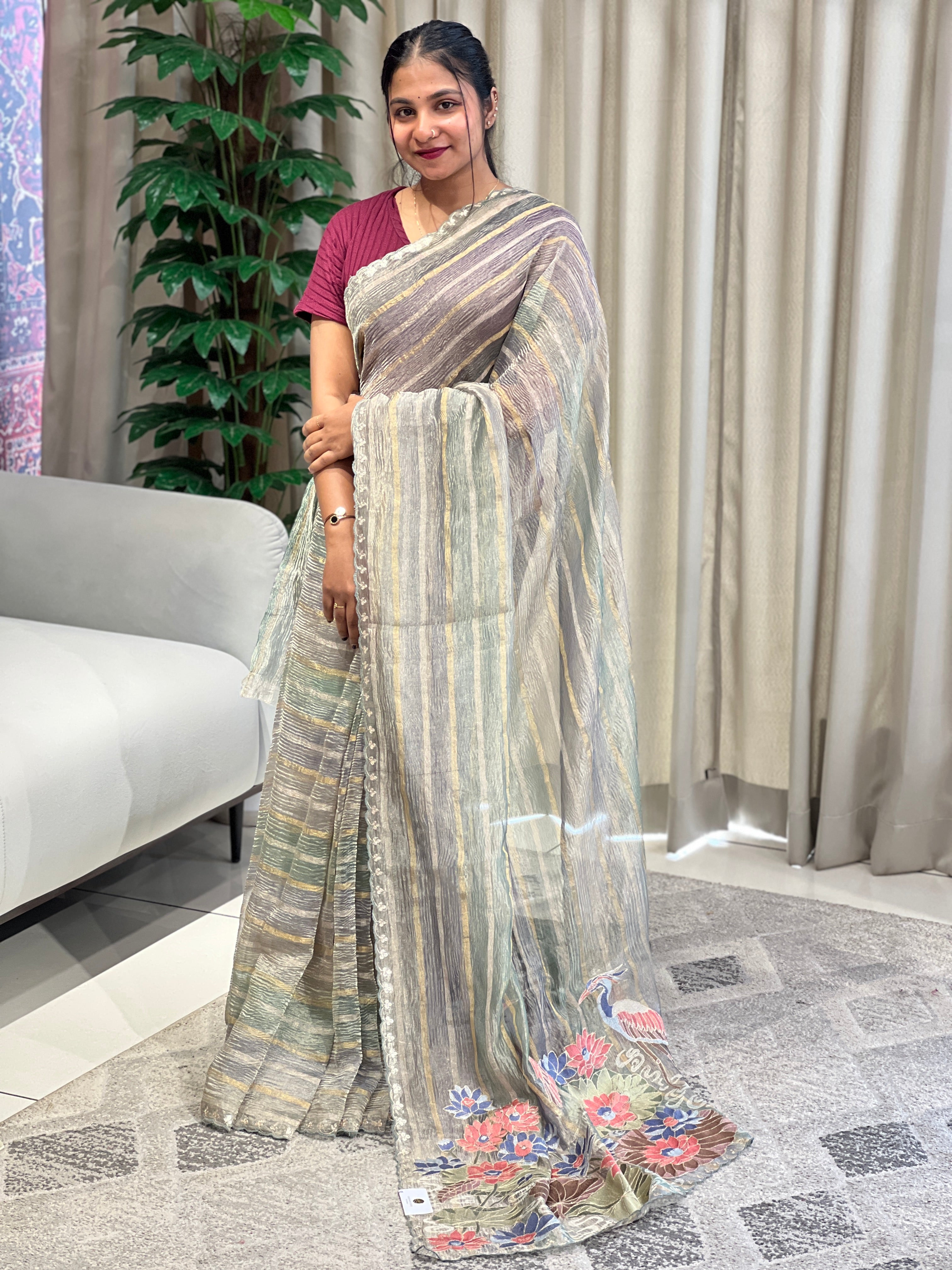 Floral Cross Stitch Embroidery Crushed Tissue Organza Saree | RGD993R