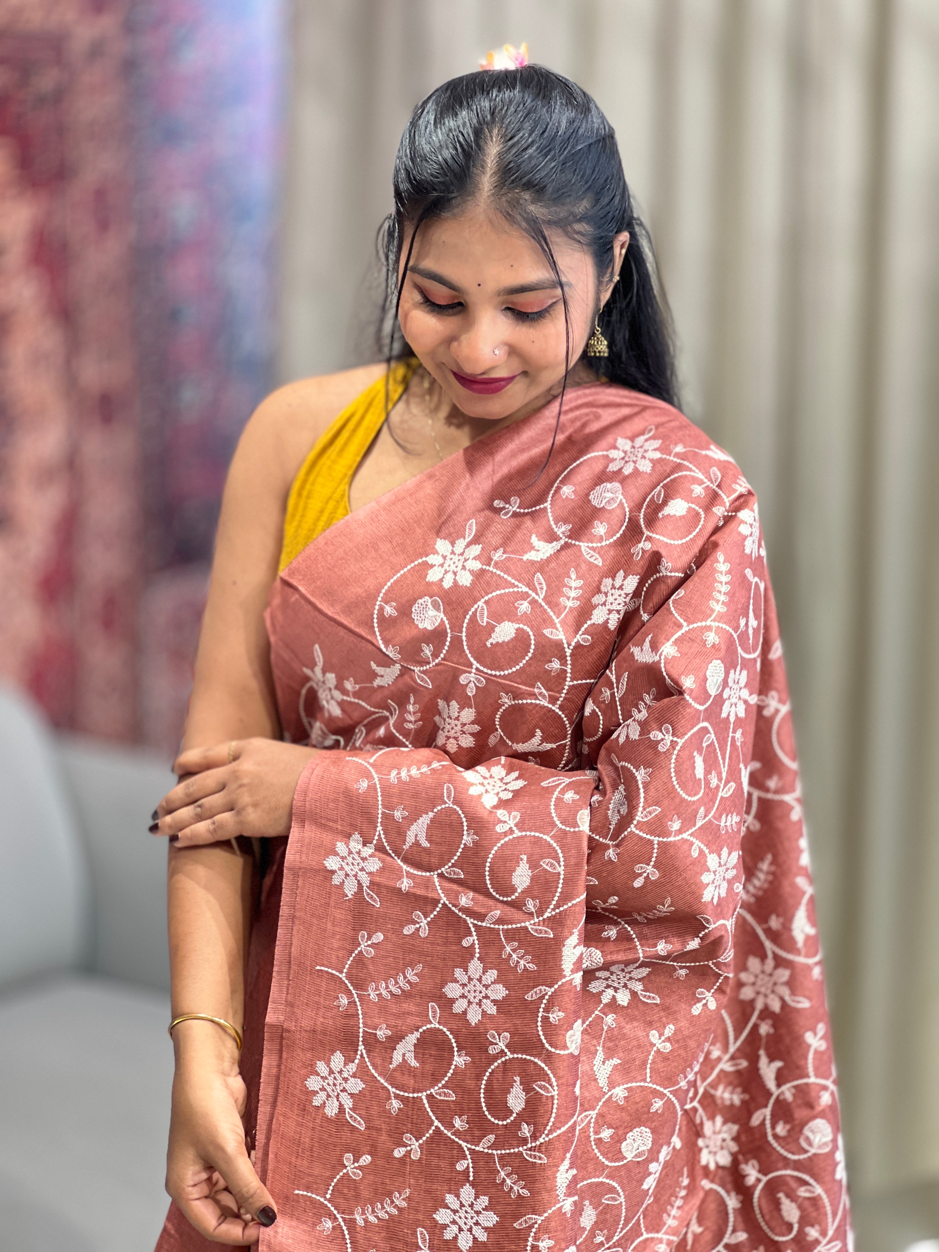 Floral Cross Stitch Embroidery Detailed Tussar Saree | HS1297